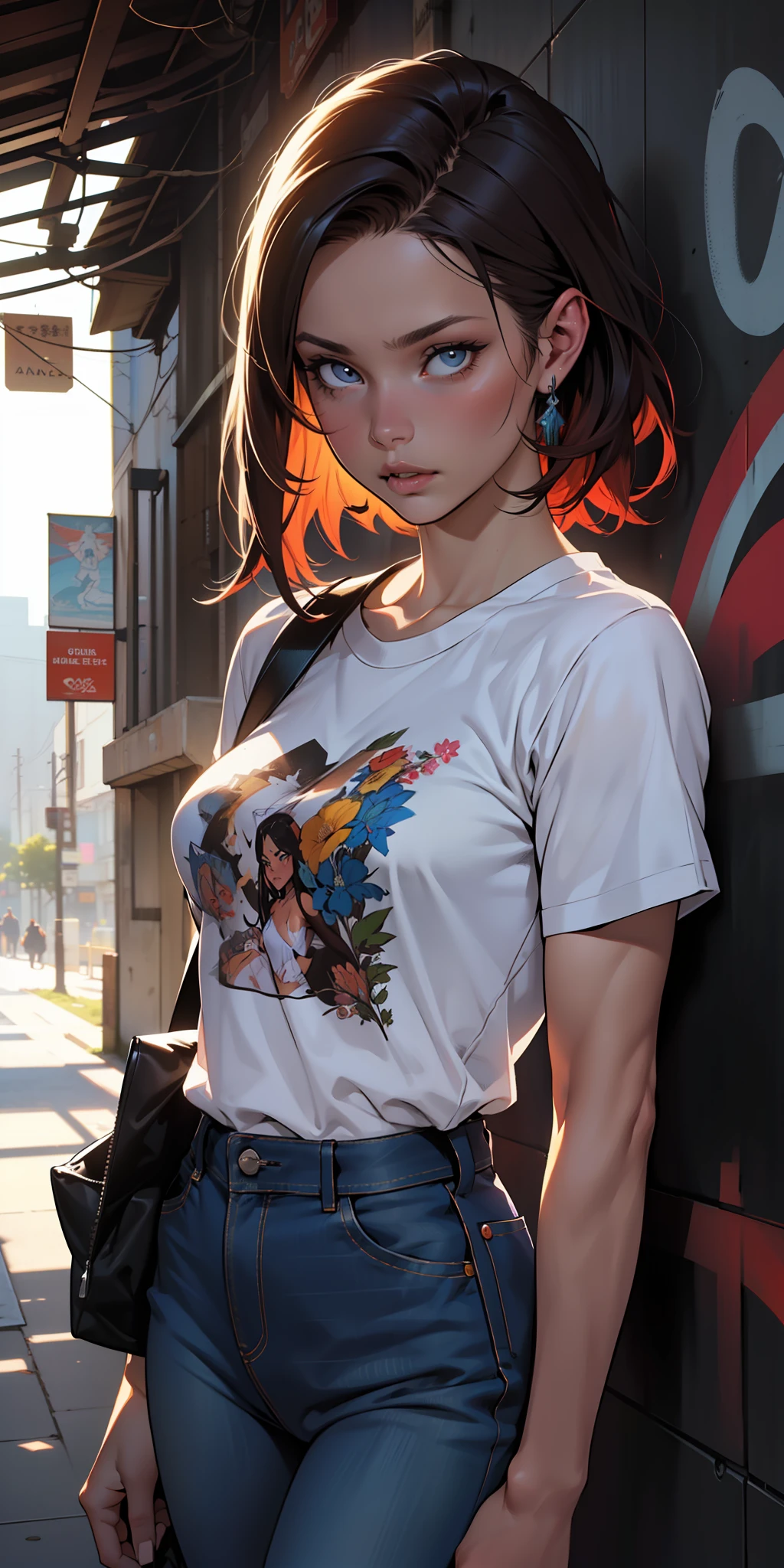 background, mixed-language_text, Japanese letters in graffit, (beautiful and clear background:1.2),, fantastic paintings ,graffit style, olhos altamente detalhados , a white t-shir ,  ultra detailed hair, masterpiece, best quality, high quality, highres, detail enhancement, ((most beautiful image in the world)), masterpiece, best quality, high quality, highres, detail enhancement, ((most beautiful image ),with short, shiny red degradê hair,  t-shirt stampa flores, wearing jeans,, art by stjepan sejic, art by j scott campbell, art by guillem march, art by citemer liu, 4k, high resolution, comic book character, comic, high quality detailed,   style ::2.0 comix illustration style,tatoon style, high quality, highres, detail enhancement, 8k, hd, best quality, high quality, highres, detail enhancement, 8k, hdr, sharp focus, ultra detailed, perfect lighting