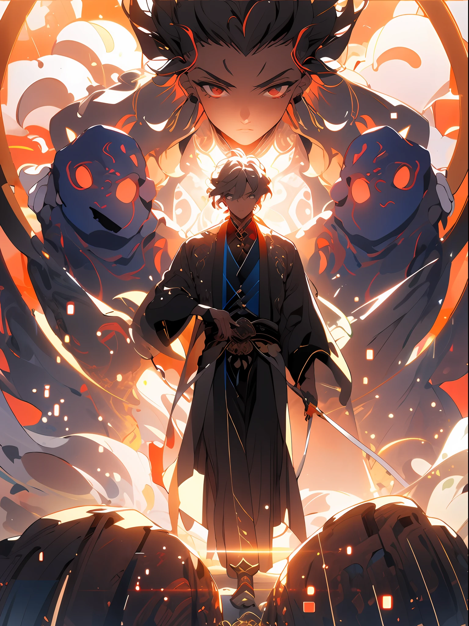 , (masterpiece:1.2), best quality,PIXIV, taoist,
a character standing in front of red glowing real people,transparent,fire,