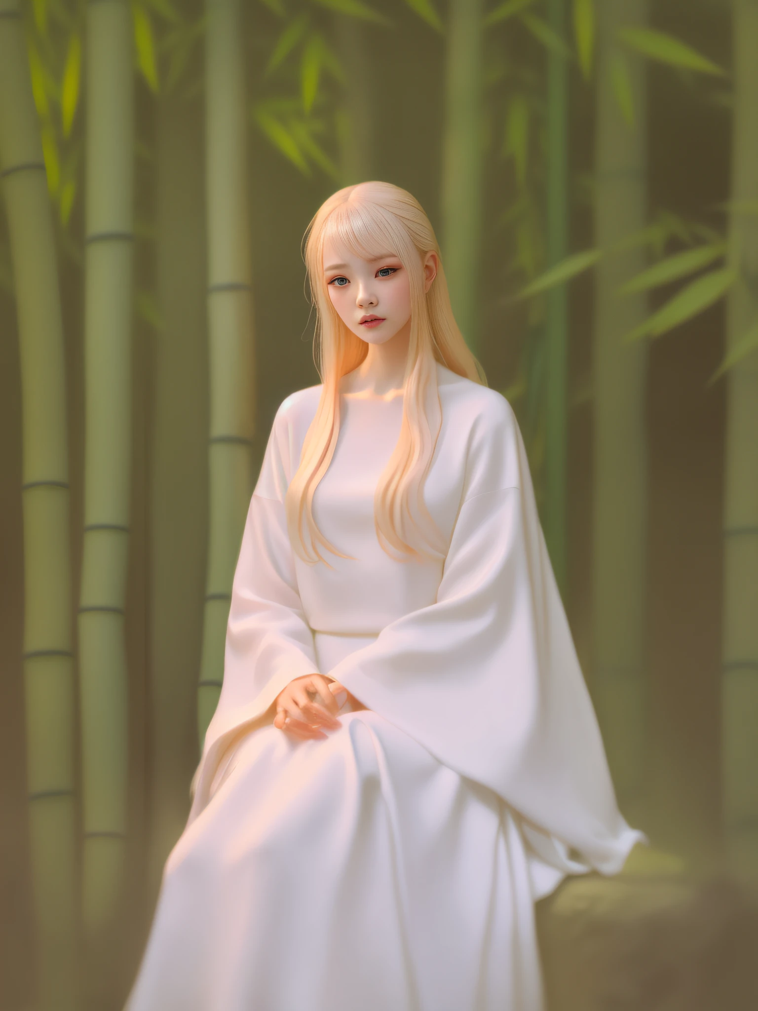 arafed woman in white dress sitting in front of bamboo poles, yuri shwedoff and tom bagshaw, portrait of albino mystic, inspired by Hsiao-Ron Cheng, jingna zhang, by Russell Dongjun Lu, inspired by Yanjun Cheng, inspired by Russell Dongjun Lu, a stunning young ethereal figure, a still of an ethereal