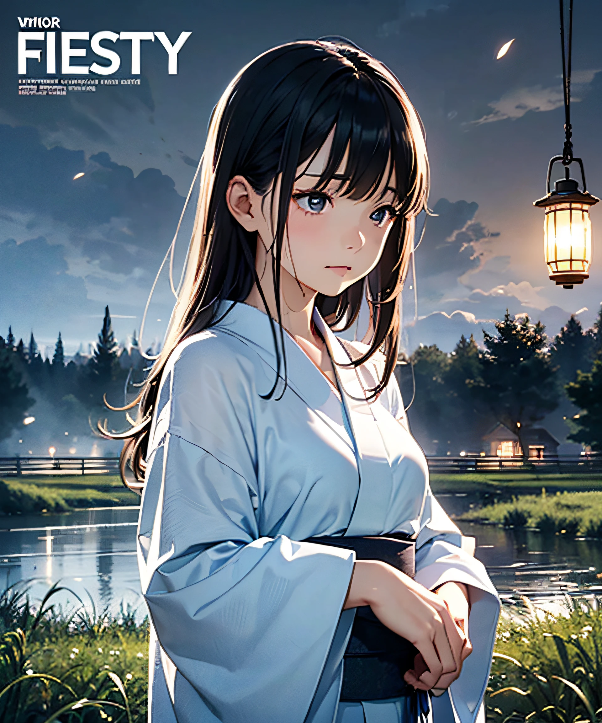 masterpiece, illusion, real, highest quality, night, cloudy night, oborotsuki, ((firefly)), ((countryside)), (countryside), (rural landscape), river surface, adult woman in yukata, thick evening fog, flowing evening fog, dry ice, thick fog, confession, regret, loneliness, long black hair, hair luster, after rain, whole body, overhead, sink lantern, sadness, separation, memories, thoughts, magazine cover