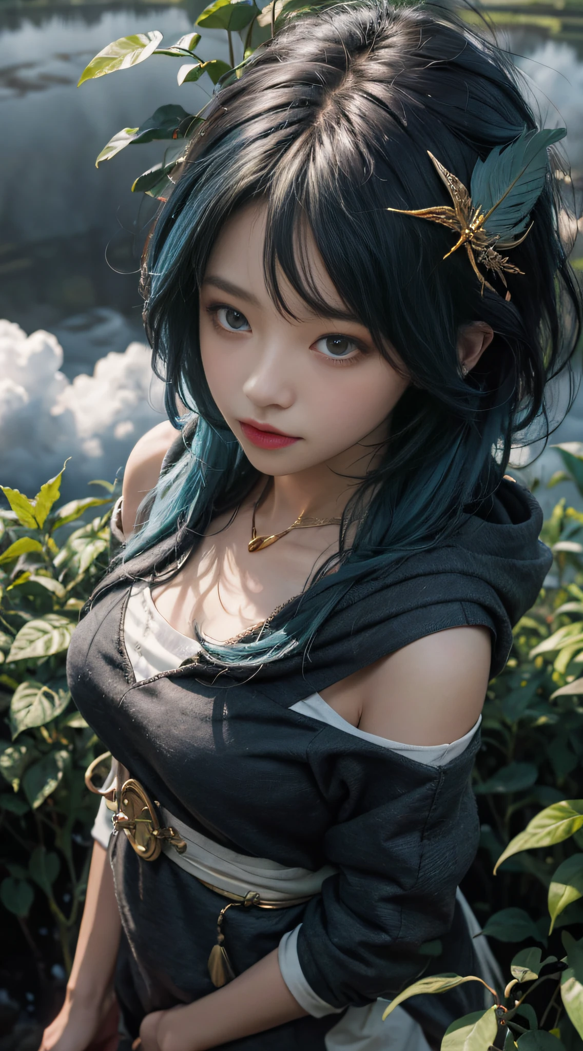 (From above) tea picker, big clouds, blue sky, rice fields, hoodie, blue hair, extra-long hair, off-the-shoulders, feather hair ornaments, night, gold decoration, HD details, ultra details,