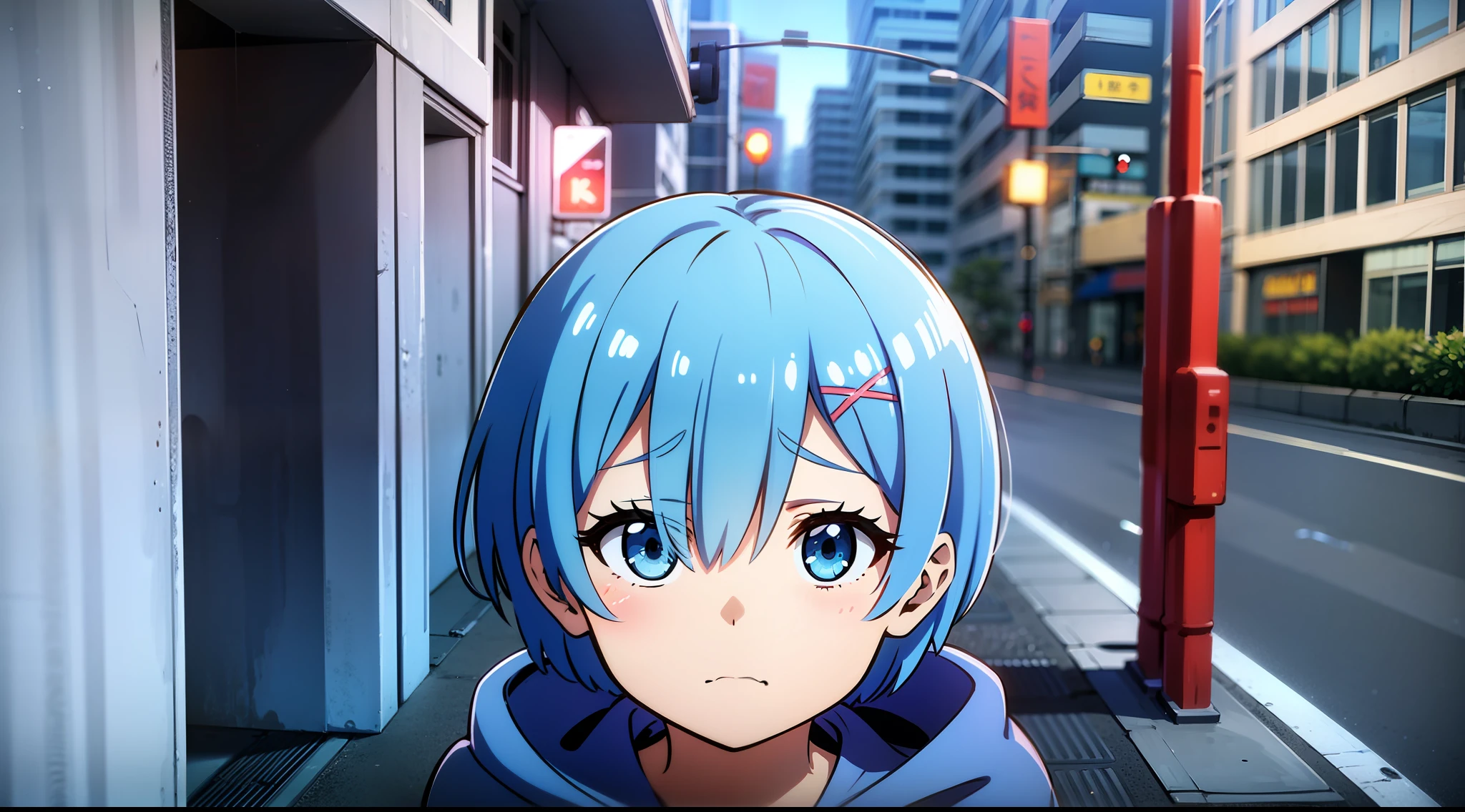 Masterpiece, rem rezero, blue eyes, sad face, blue hoodie, in the middle of the street, close up, portrait,