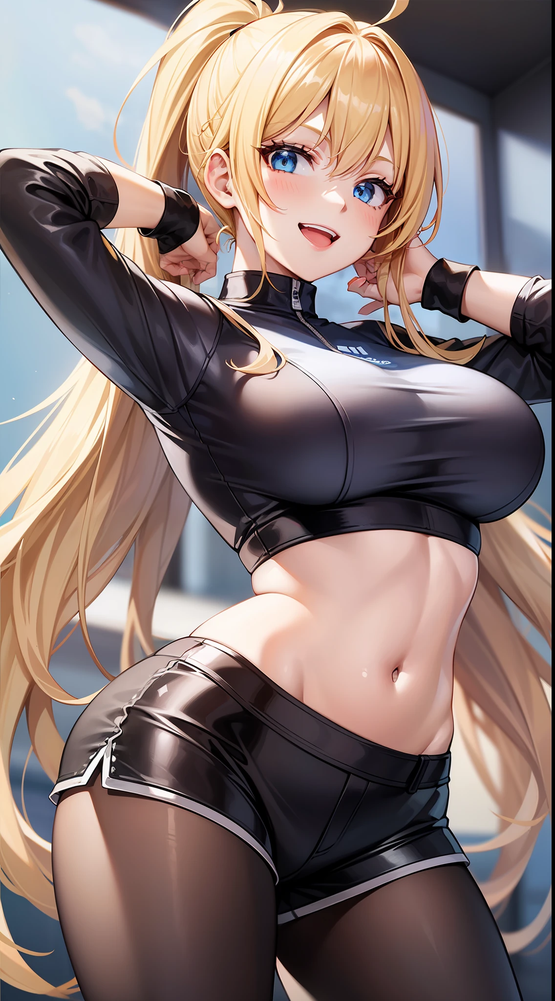 Young girl, long blonde hair, high ponytail, blue eyes, sports top, shorts, big breasts, smile, karambit, masterpiece, high quality
