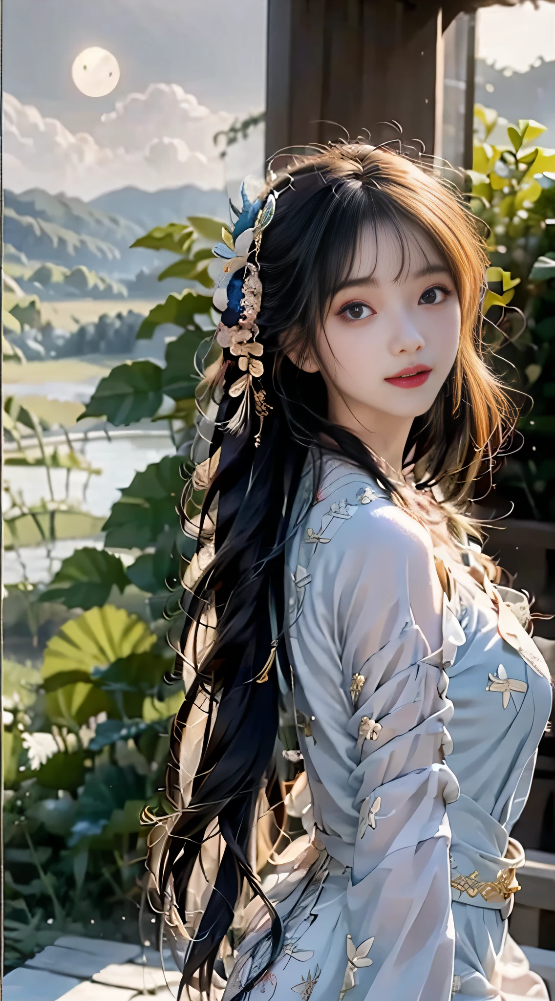(From above) tea picker, big clouds, blue sky, rice fields, hoodie, blue hair, extra-long hair, off-the-shoulders, feather hair ornaments, night, gold decoration, HD details, ultra details,