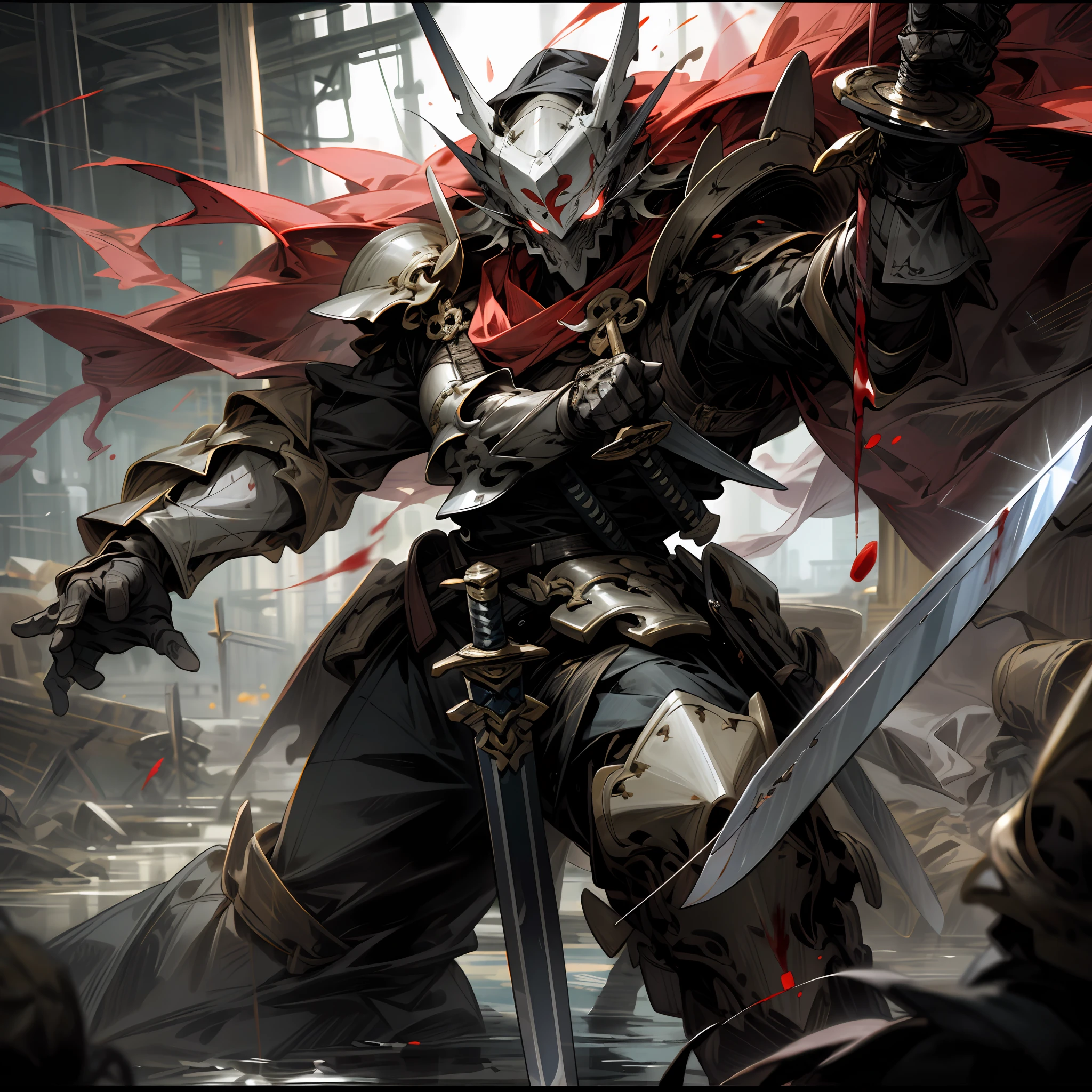 Super detailed, high resolution, very detailed, best quality, illustrations, red eyes, war, sword in both hands, rivers of blood, armor, mask, furious state