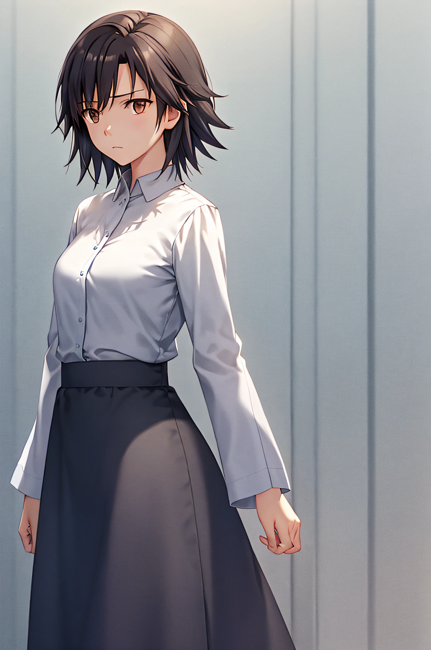 Very detailed and precise anime-style illustrations, very beautiful 22-year-old woman, standing headlessly, slightly low angle, looking at the camera, brown very short hair, perfect round gray eyes, sad expression, small breasts, solo, dark gray long-sleeved shirt, dark brown long skirt. The background is white, backlit, Makoto Shinkai CG art.