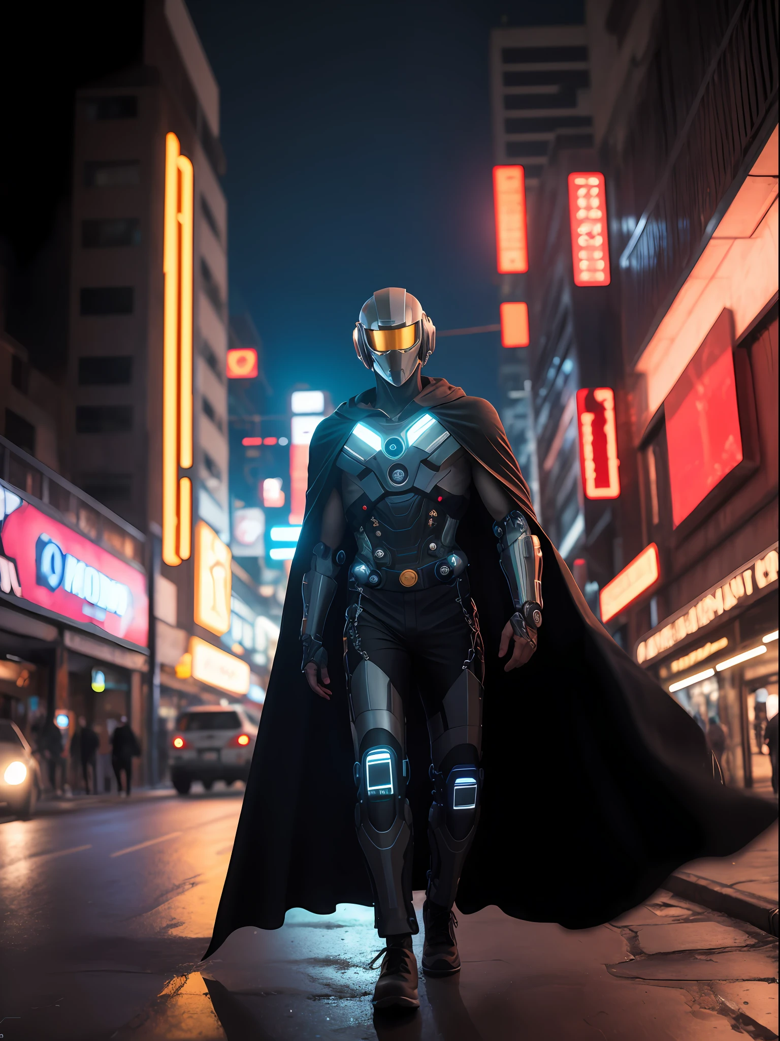 Masterpiece, a cybernetic mercenary with a custom wrist blaster, wearing a black tactical cape and a futuristic helmet, as he moves through the busy streets of a dusty megalopolis, filled with holographic ads of cybernetic companies and gangs, night, cyberpunk aesthetics, action movie shot by Kon Satoshi, very detailed lighting, dramatic, trending digital art in Artstation 8k HD of realistic detailed high definition,  detailed, skin texture, hyper detailed, realistic skin texture, armor, best quality, ultra high res, (photorealistic: 1.4), high resolution, detailed, Raw photo, Sharp Re, by Lee Jeffries Nikon D850 Film Stock Photography 4 Kodak Portra 400 Camera F1.6 Lens Rich Colors Hyper Realistic Realistic texture Dramatic lighting UnrealEngine trend in ArtStation Cinestill 800