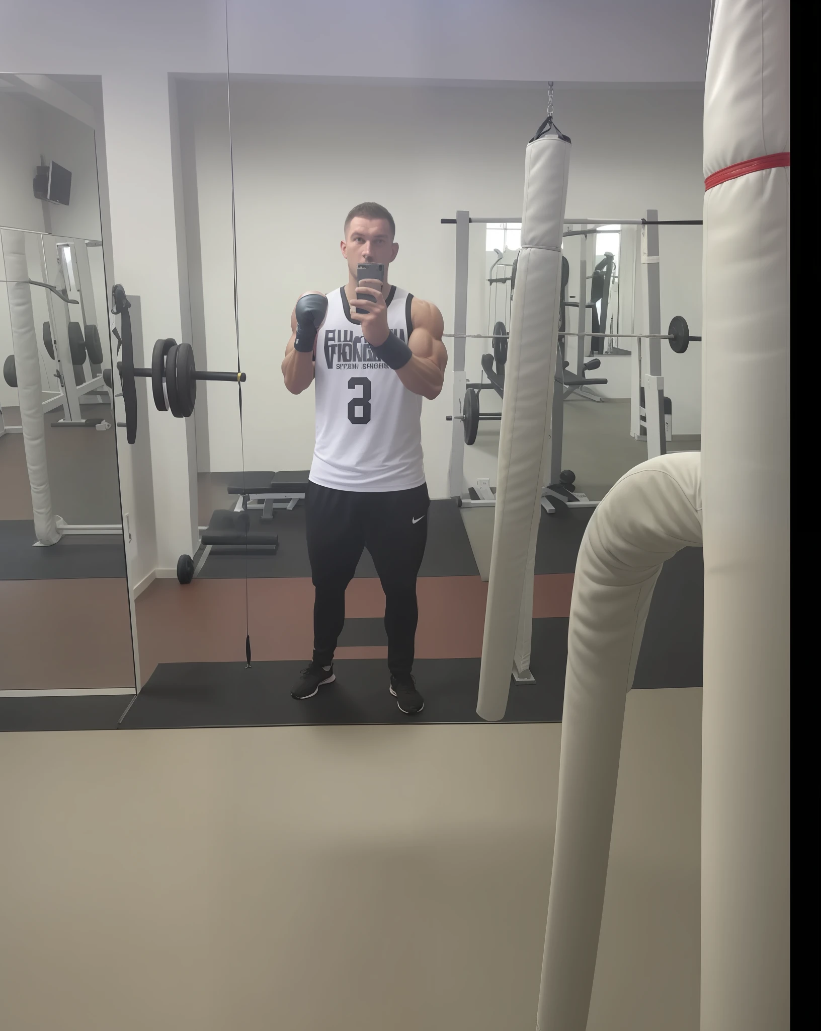 there is a man taking a selfie in a mirror in a gym, in a gym, in the high school gym, working out, incredibly strong and tall, full body wide shot, very very low quality picture, local gym, holding a giant flail, valeriy vegera, in good physical shape, in a boxing ring, boxing stance, big mirrors