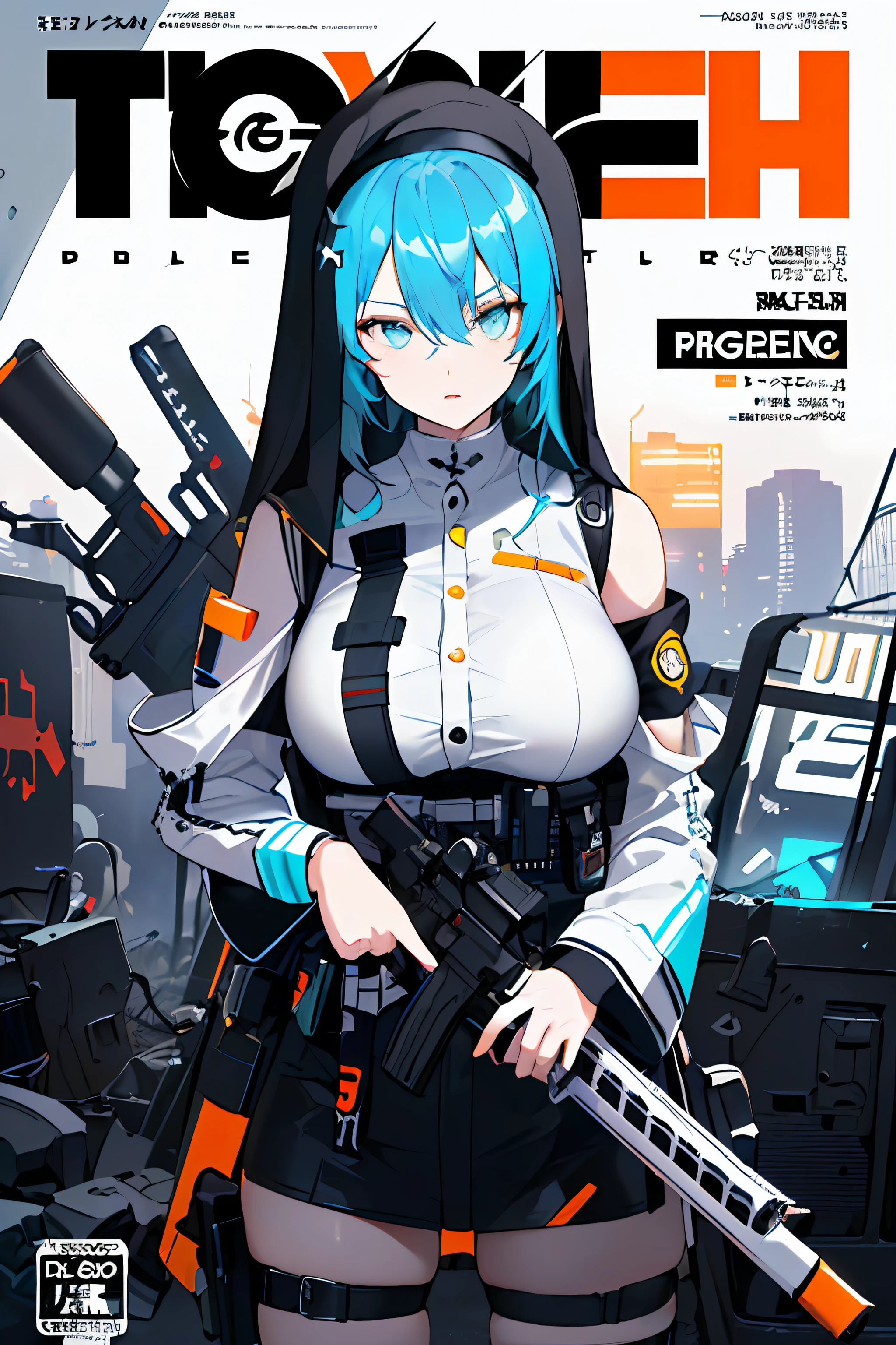 ((((dramatic))), (((gritty))), (((intense))) 1girl, tactical (nun) police,((scifi elements)) ((cyberpunk elements) (militar purple beret) religeous badge, ((priest collar)) (big breast with pointy niples), tigth white yellow bodysuit, white vest, orange and cyan details, ((tigth sleeves)) tactical straps, tactical accesories, white sniper rifle and sword on back, long legs, ((police vehicle)) action stand (((design based on religeuos items))) (nigth neon city) The background is dark and gritty, with a sense of danger and intensity. The text is bold and attention-grabbing, with a catchy tagline that adds to the overall feeling of drama and excitement. The color palette is mainly dark with splashes of vibrant colors, giving the poster a dynamic and visually striking appearance,tachi-e
(magazine:1.3), (cover-style:1.3), fashionable, woman, vibrant, outfit, posing, front, colorful, dynamic, background, elements, confident, expression, holding, statement, accessory, majestic, coiled, around, touch, scene, text, cover, bold, attention-grabbing, title, stylish, font, catchy, headline, larger, striking, modern, trendy, focus, fashion,