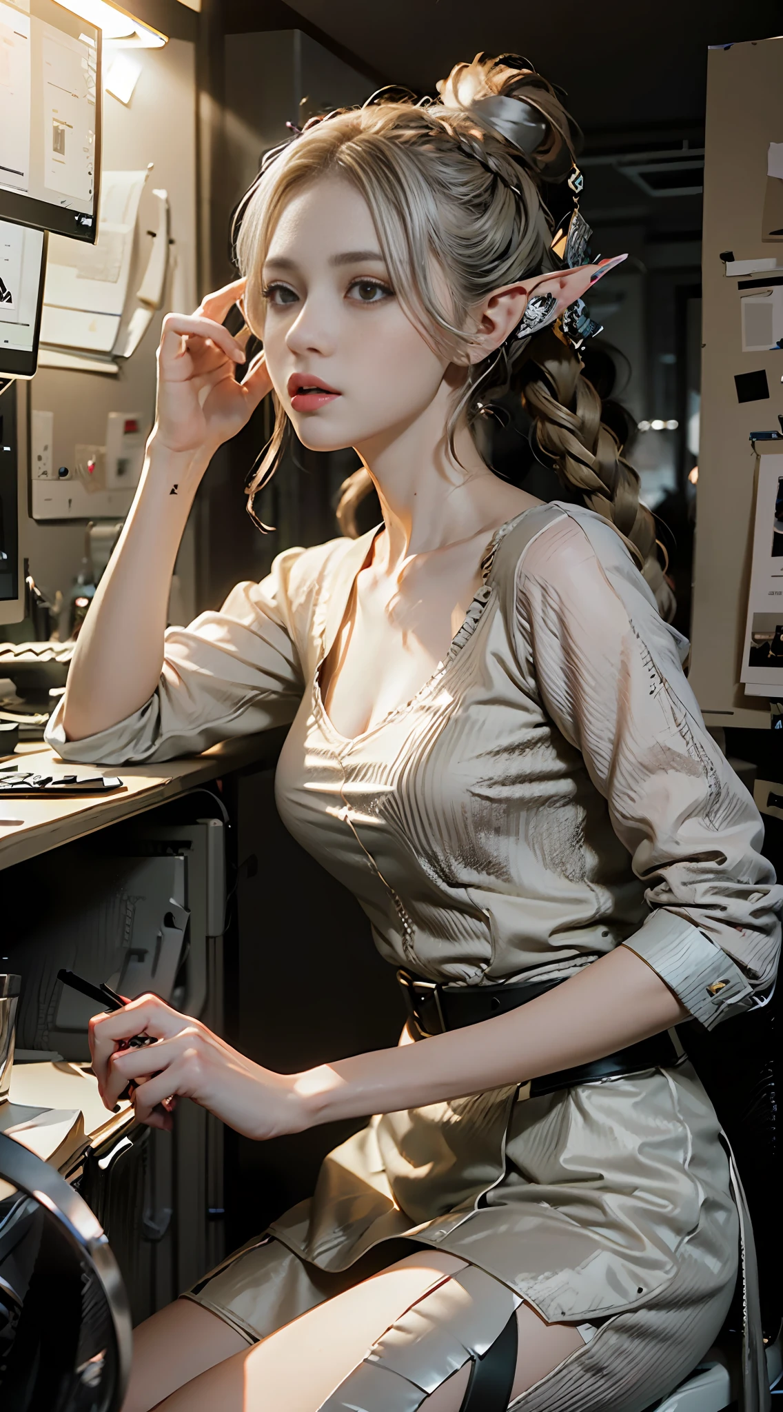 ((Best Quality)), ((Masterpiece)), (Details: 1.4), 3D, A Beautiful Elven Female Figure, ((Long Silver Hair, Bun, Braided Hair: 1.9)), (Elf Ears: 1.4), (Western European Medieval Style, Metallic, Palace Background: 1.6), Close-up of Face, Extremely Normal Hands, Extremely Normal Legs, HDR (High Dynamic Range), Ray Tracing, NVIDIA RTX, Super-Resolution, Unreal 5, Subsurface scattering, PBR textures, post-processing, anisotropic filtering, depth of field, maximum sharpness and sharpness, multi-layer textures, albedo and highlight maps, surface shading, accurate simulation of light-material interactions, perfect proportions, Octane Render, two-color light, large aperture, low ISO, white balance, rule of thirds, 8K RAW,