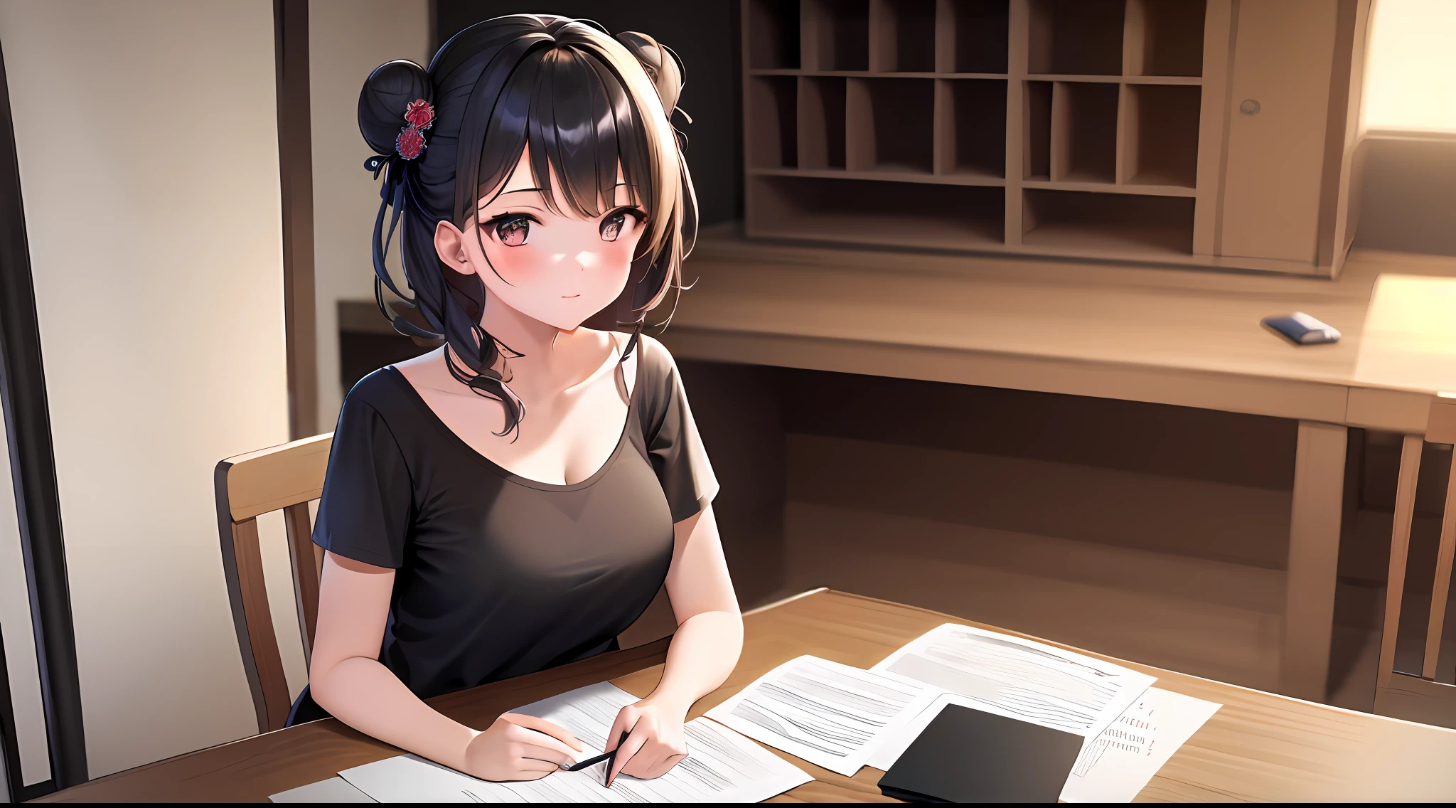masterpiece, best quality, high resolution, one girl, loose t-shirt, girl sitting on chair and studying drafting at desk ,, study seriously, study hard, drafting, beauty, cute, Japan healing super idol, paperwork, architect, bun hair,