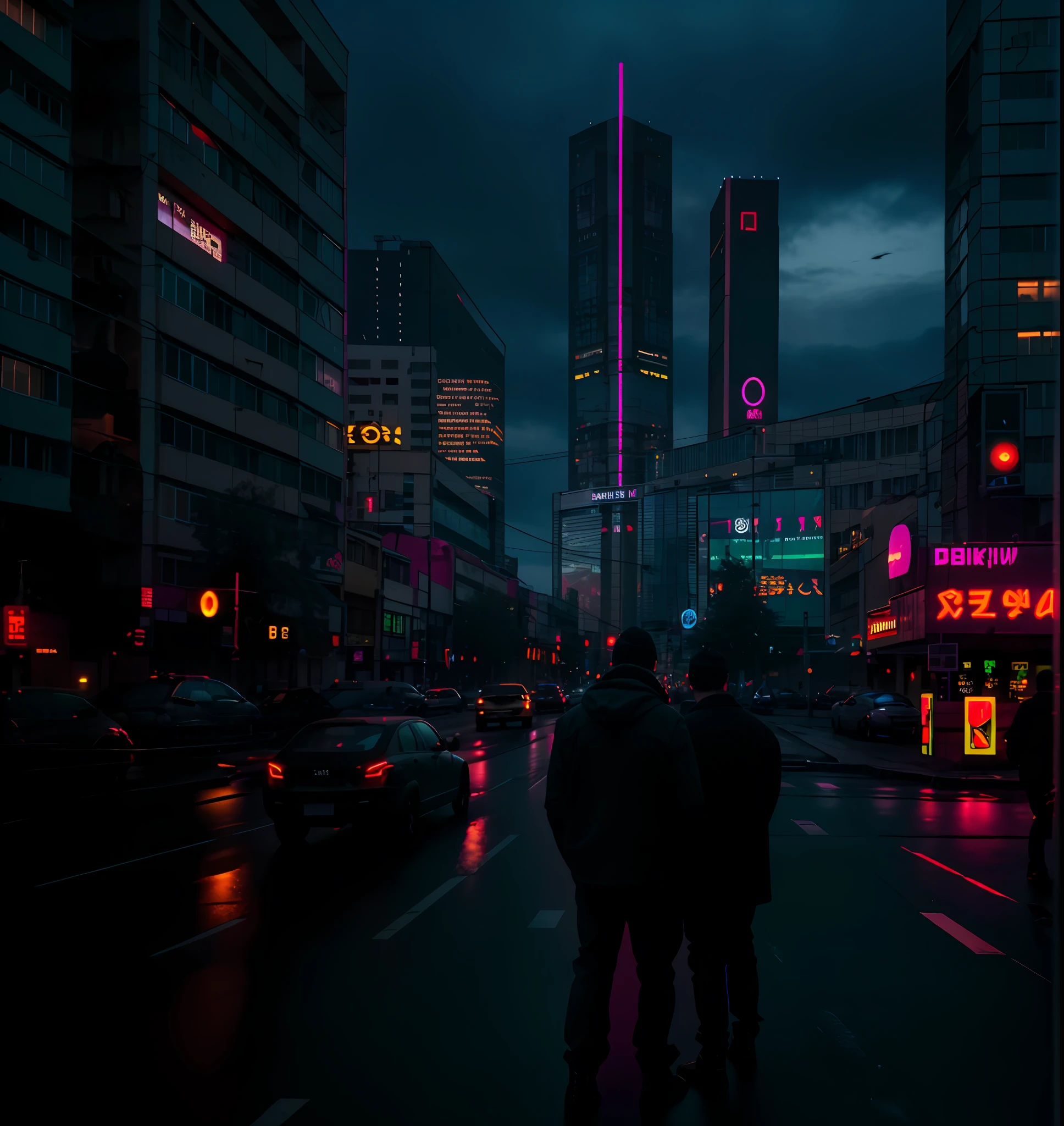 neon lights, cyberpunk, russianebenya, dark evening, movie still, 80mm lens