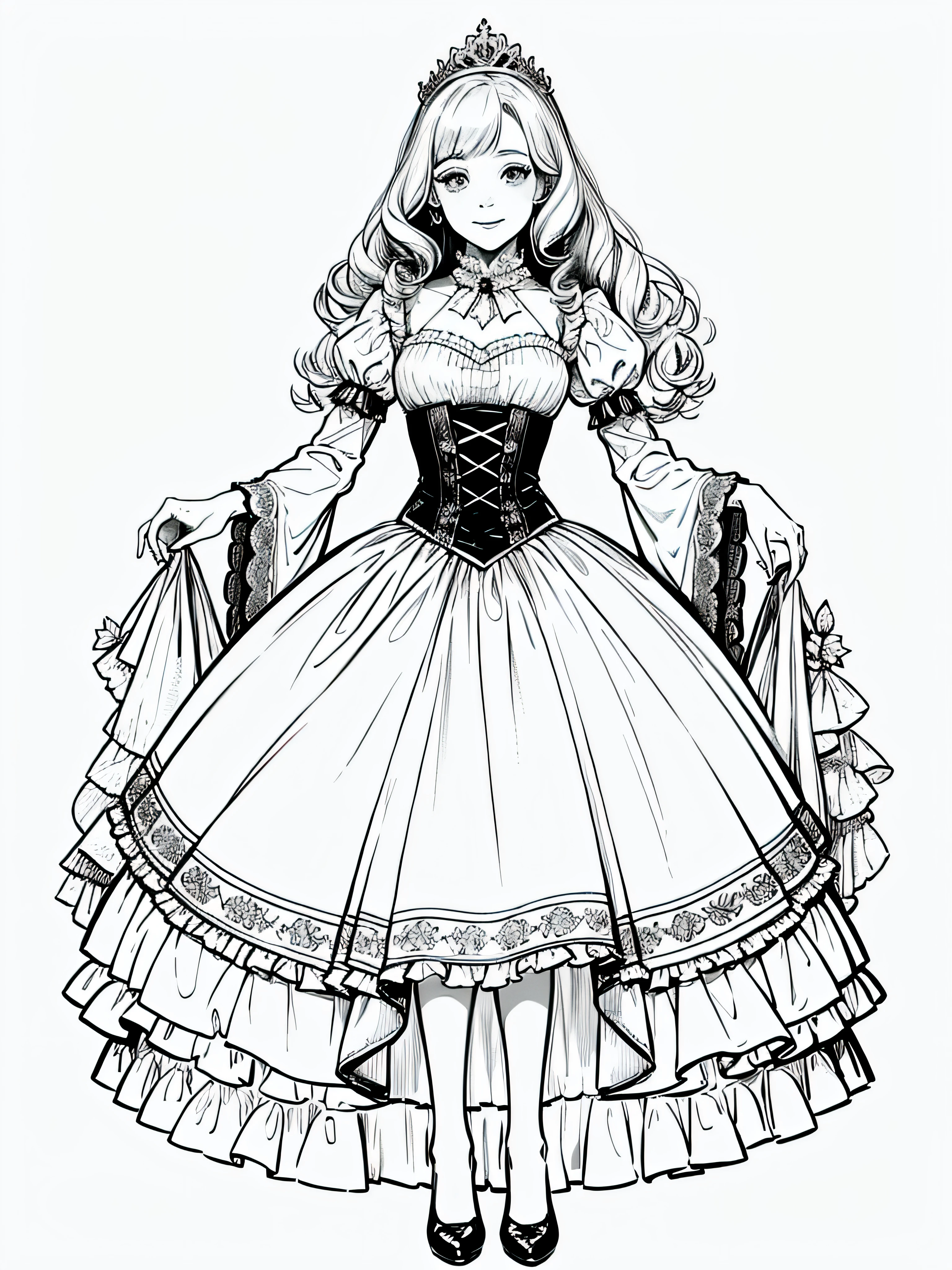 Black line, monochrome, white background, (simple background: 1.2), a drawing of a princess in a Crinoline dress, full body, long curly hair, smile, details, masterpiece,