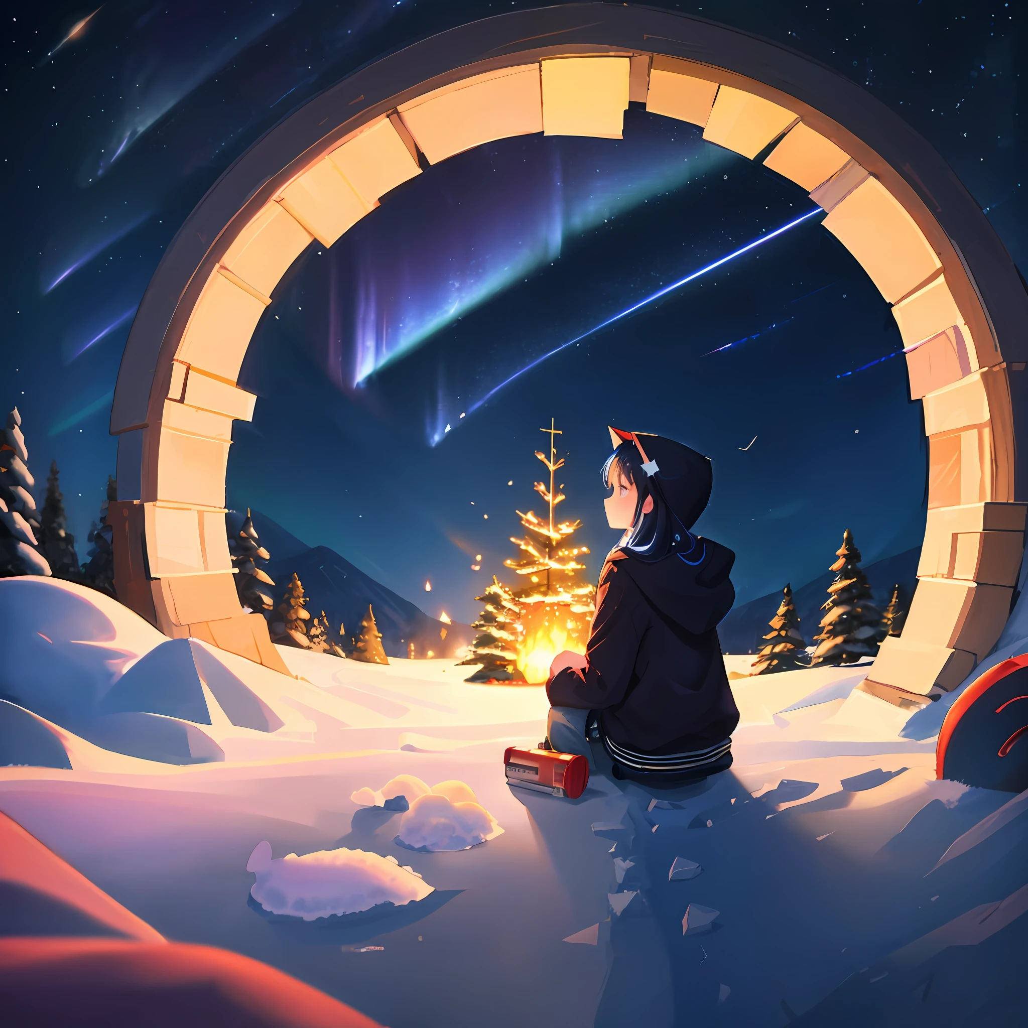 Animation with quiet colors, a girl sitting on the fireplace in the cold inside the house (masterpiece), (best quality:1.2), absurdists, [:d intricate etailles:0.2], 1girl, front view, aurora, black hair, camera, campfire, city lights, constellation, crescent moon, earth_\(planet\), galaxy, hood, hood down, hooded jacket, lamppost, light particles, long hair, long sleeves,  milky way, night, night sky, outdoor, planet, power lines, shooting star, sitting, sky, skyscraper, snow, snow, soil, squat, star_\(sky\), starry sky, starry sky print, telescope, tree, twilight, winter, cat