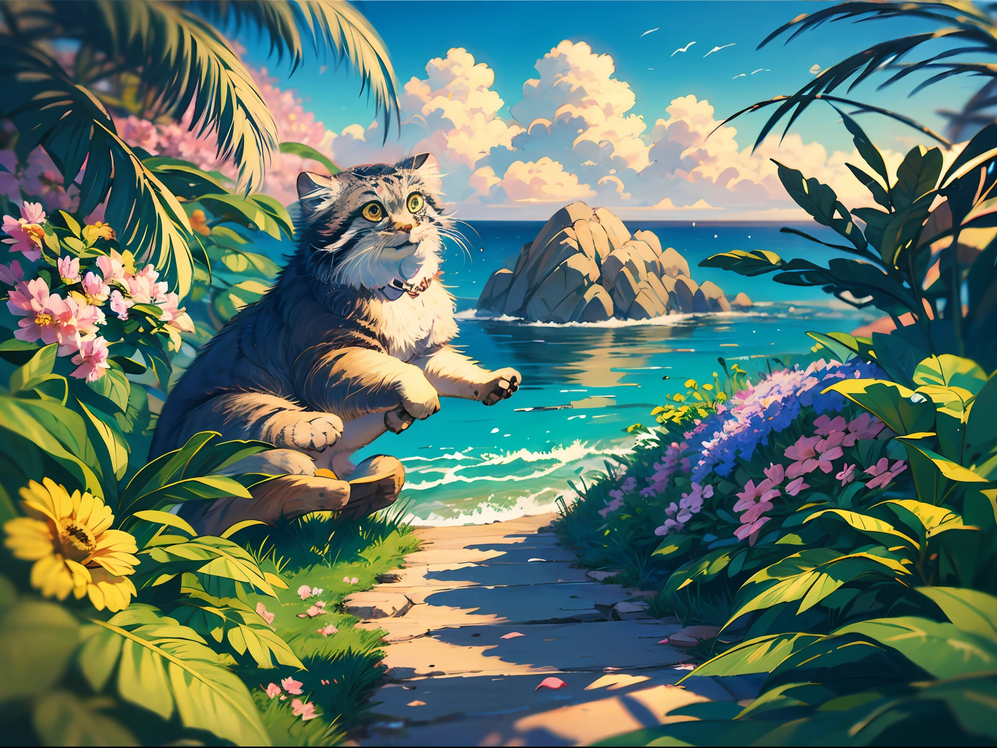 (Masterpiece:1.2), highres, best quality, manulcat, tusun, surrounded with colorful flowers, beach and sea background, illustration, colorful, fantastic, hyper details, (delicate detailed), 8K, outdoor,