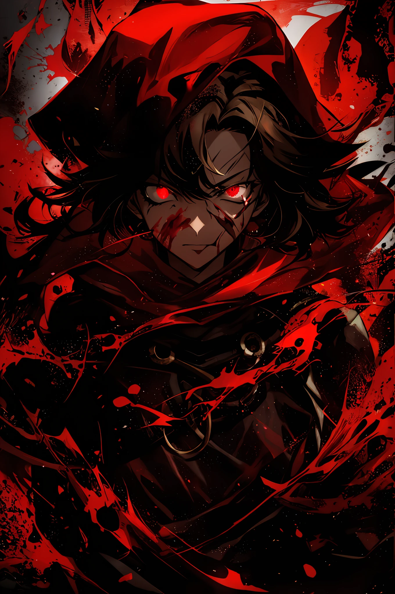 anime style picture of a woman with a red cape and blood splattered on her face, badass anime 8 k, demon slayer artstyle, handsome guy in demon slayer art, [[blood]], with red glowing eyes, persona 5 art style wlop, by Kamagurka, anime art wallpaper 8 k, 4k anime wallpaper, detailed digital anime art