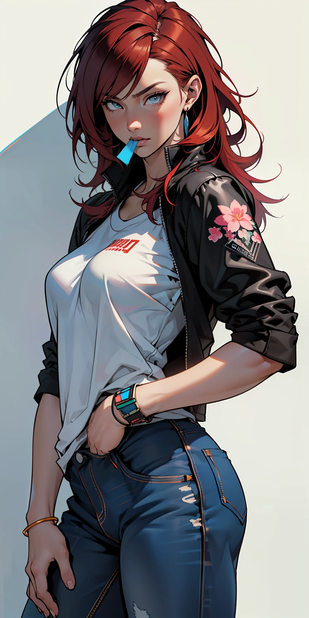 background, mixed-language_text, Japanese letters in graffit, (beautiful and clear background:1.2),, fantastic paintings ,graffit style, a white t-shir , ultra detailed hair, masterpiece, best quality, high quality, highres, detail enhancement, ((most beautiful image in the world)), masterpiece, best quality, high quality, highres, detail enhancement, ((most beautiful image ),with short, shiny red gradient hair,   T-shirt Stamp Flowers, Wearing Jeans,, Art by Stjepan Sejić, ::Jae Lee and Yoji Shinkawa Style ::2.0 Comix Illustration Style,Tatoon Style , Ashley Alexiss ,Beautiful Woman with Long Hair Ultra Detailed, (Beautiful and Clear Background:1.2),, Fantastic Paintings ,Graffit Style, Flowers, Highly Detailed Eyes , A White T-Shirt or Dressed in a Jaeans Jacket Super Detailed Woman in Anime Style ,  ultra detailed hair with a slight effect of brightness, eyes, mouth, and nose with super fidelity detail, perfect and ultra detailed body, futuristic sticker style clothing with effects of various colors and super detailed and intricate tattoo style prints, bracelets on the arms of grafiato in the colors black, gray and white ultra detailed, serious and sensual face,  best quality, high quality, extremely detailed cg unity 8k wallpaper, hdr, trending on artstation, trending on cgsociety, high detail