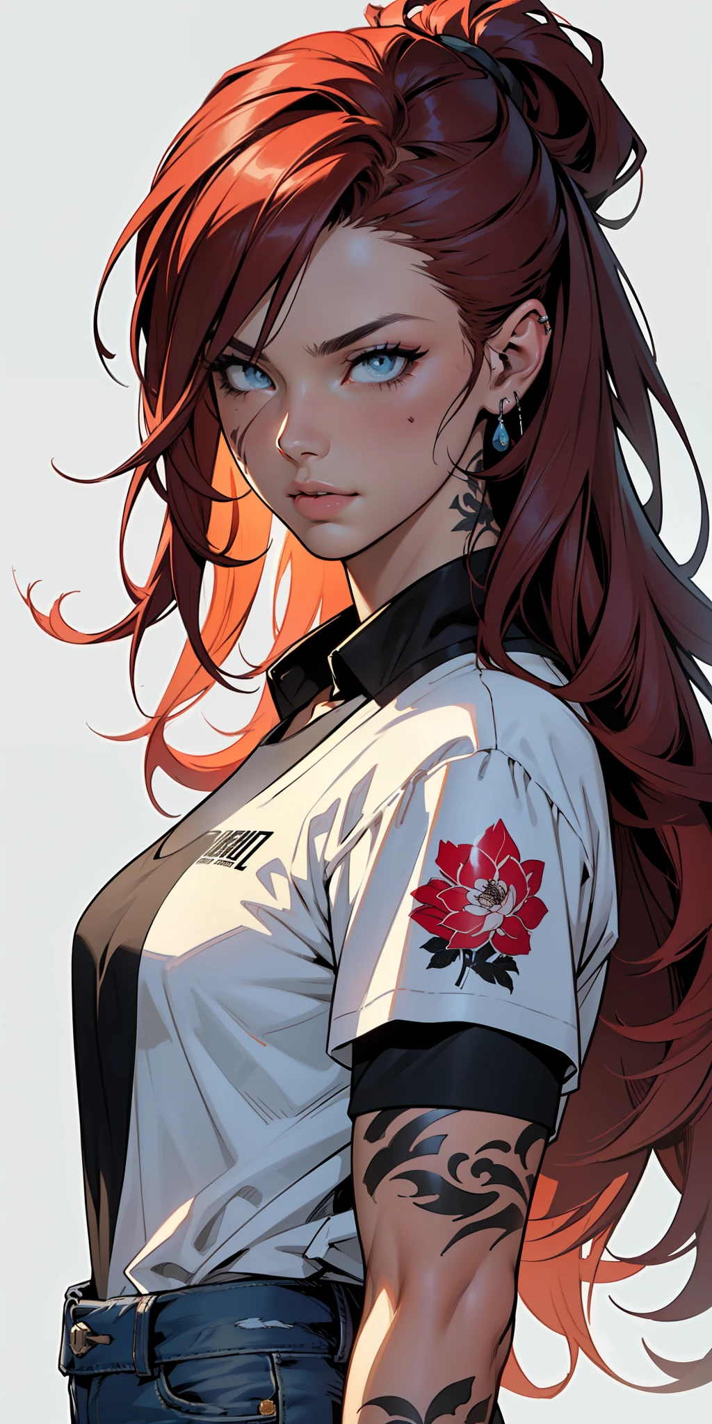 background, mixed-language_text, Japanese letters in graffit, (beautiful and clear background:1.2),, fantastic paintings ,graffit style, a white t-shir , ultra detailed hair, masterpiece, best quality, high quality, highres, detail enhancement, ((most beautiful image in the world)), masterpiece, best quality, high quality, highres, detail enhancement, ((most beautiful image ),with short, shiny red gradient hair,   T-shirt Stamp Flowers, Wearing Jeans,, Art by Stjepan Sejić, ::Jae Lee and Yoji Shinkawa Style ::2.0 Comix Illustration Style,Tatoon Style , Ashley Alexiss ,Beautiful Woman with Long Hair Ultra Detailed, (Beautiful and Clear Background:1.2),, Fantastic Paintings ,Graffit Style, Flowers, Highly Detailed Eyes , A White T-Shirt or Dressed in a Jaeans Jacket Super Detailed Woman in Anime Style ,  ultra detailed hair with a slight effect of brightness, eyes, mouth, and nose with super fidelity detail, perfect and ultra detailed body, futuristic sticker style clothing with effects of various colors and super detailed and intricate tattoo style prints, bracelets on the arms of grafiato in the colors black, gray and white ultra detailed, serious and sensual face,  best quality, high quality, extremely detailed cg unity 8k wallpaper, hdr, trending on artstation, trending on cgsociety, high detail