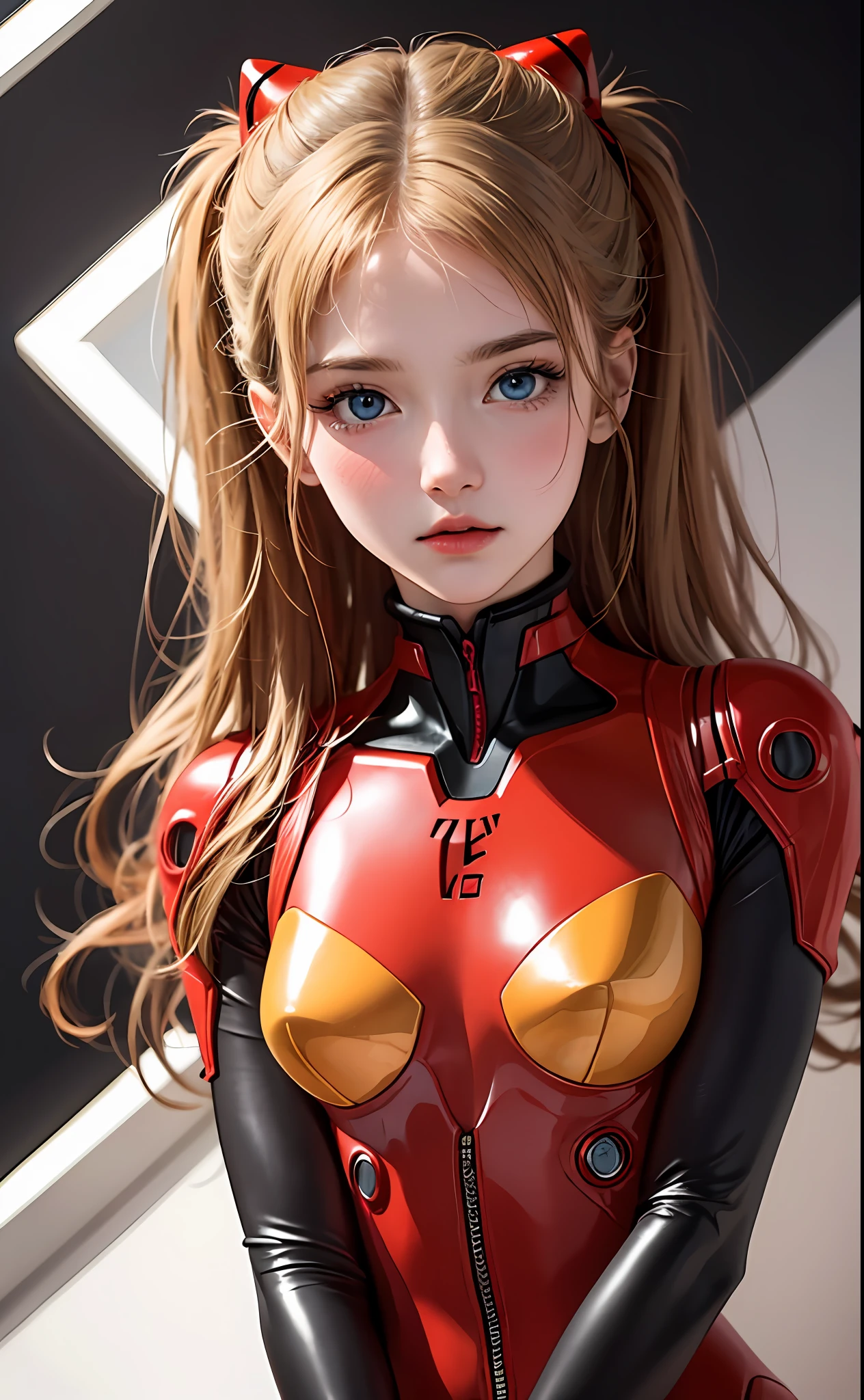 (Masterpiece: 1.4, top quality), (intricate details), Unity8k wallpaper, super detailed, beautiful and mysterious, detailed background, realistic, solo, perfect detail face, detailed blue eyes, very detailed, blush, hair ornament, chignon mahogany hair, (blonde hair), plug suit 02,Shikinami Asuka Langley, Evangelion, slender -yeld gi full body suit, black background