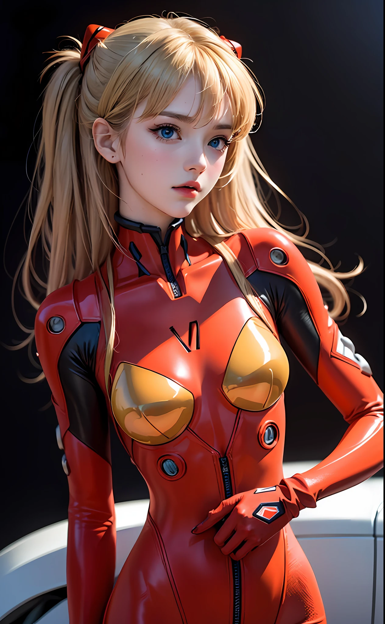 (Masterpiece: 1.4, top quality), (intricate details), Unity8k wallpaper, super detailed, beautiful and mysterious, detailed background, realistic, solo, perfect detail face, detailed blue eyes, very detailed, blush, hair ornament, chignon mahogany hair, (blonde hair), plug suit 02,Shikinami Asuka Langley, Evangelion, slender ****************, full body suit, black background