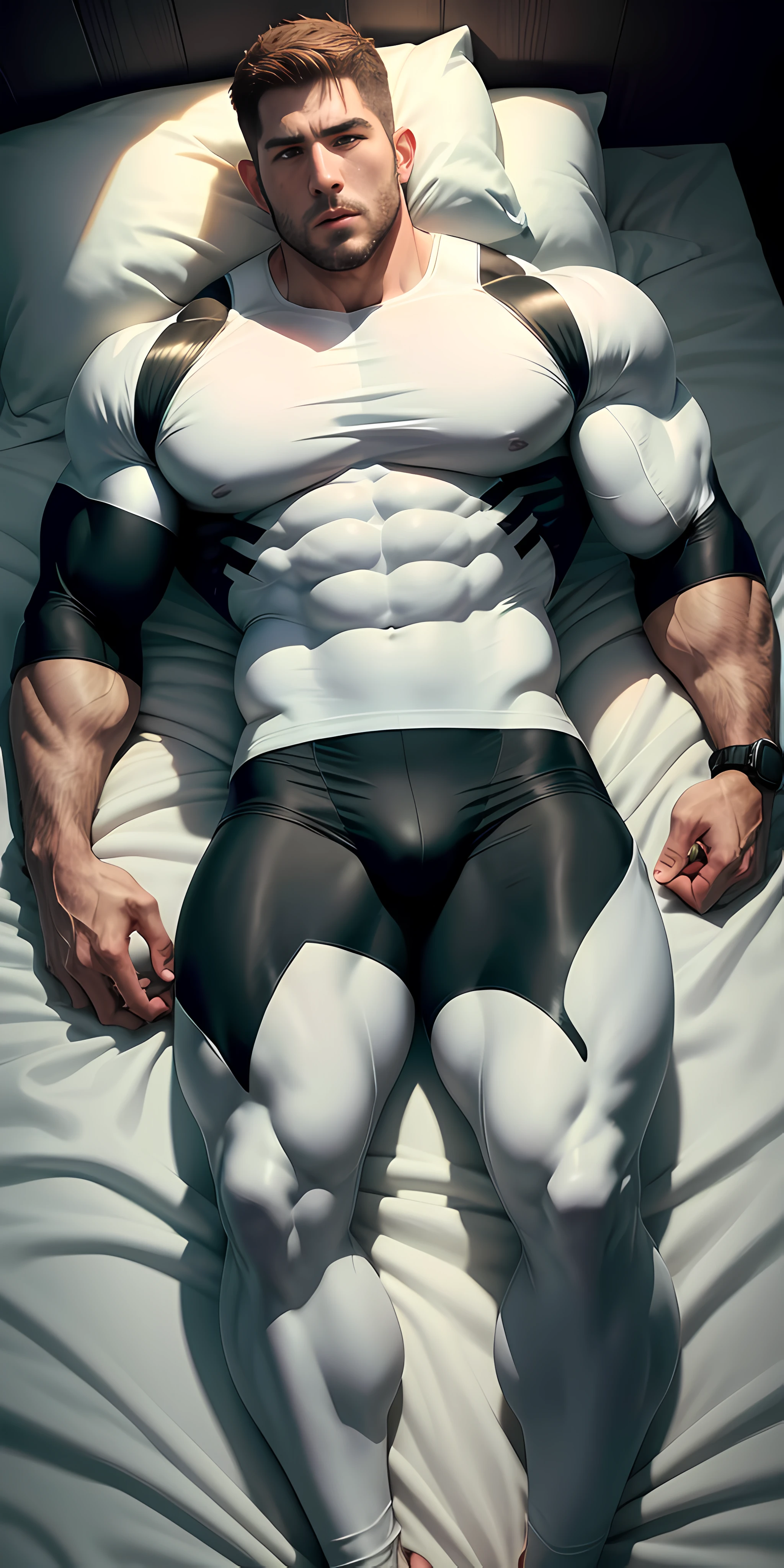 1 muscular man wrapped in white and black high-necked Slime, lying on a large white Slime bed, with a large number of white Slime bubbles on the bed, open mouth, Buzz Cut, aggrieved eyes, tall and burly, muscular! Tall burly, sneak suit, symmetrical yellow-red striped texture design, thickened thermal tights, sexy thick legs, super buff and cool, high resolution committee, character design (Resident Evil - Chris Redfield), rough big feet, white cotton socks, attractive strong men, warm and soft lights shining on the body