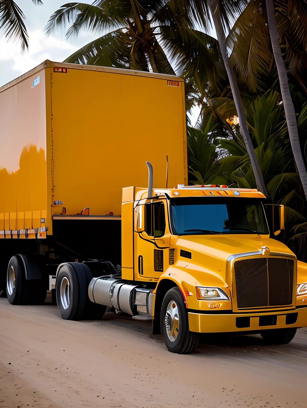 Masterpiece, ultra realistic photo of a gigantic robot truck from The Transformers movie, closeup zoomed in tight crop portrait, running down a (paradisiacal beach scene:1.2), action movie scene, (Lighting-Gold:1.2) foreground objects background details (masterpiece:1.2) (photorealistic:1.2) (bokeh:1.2) (best quality) (color grading) (detailed skin:1.3) (intricate) (8k) (HDR) (cinematic lighting:1.3) (sharp focus), in the style of The Transformers movie, action movie shot