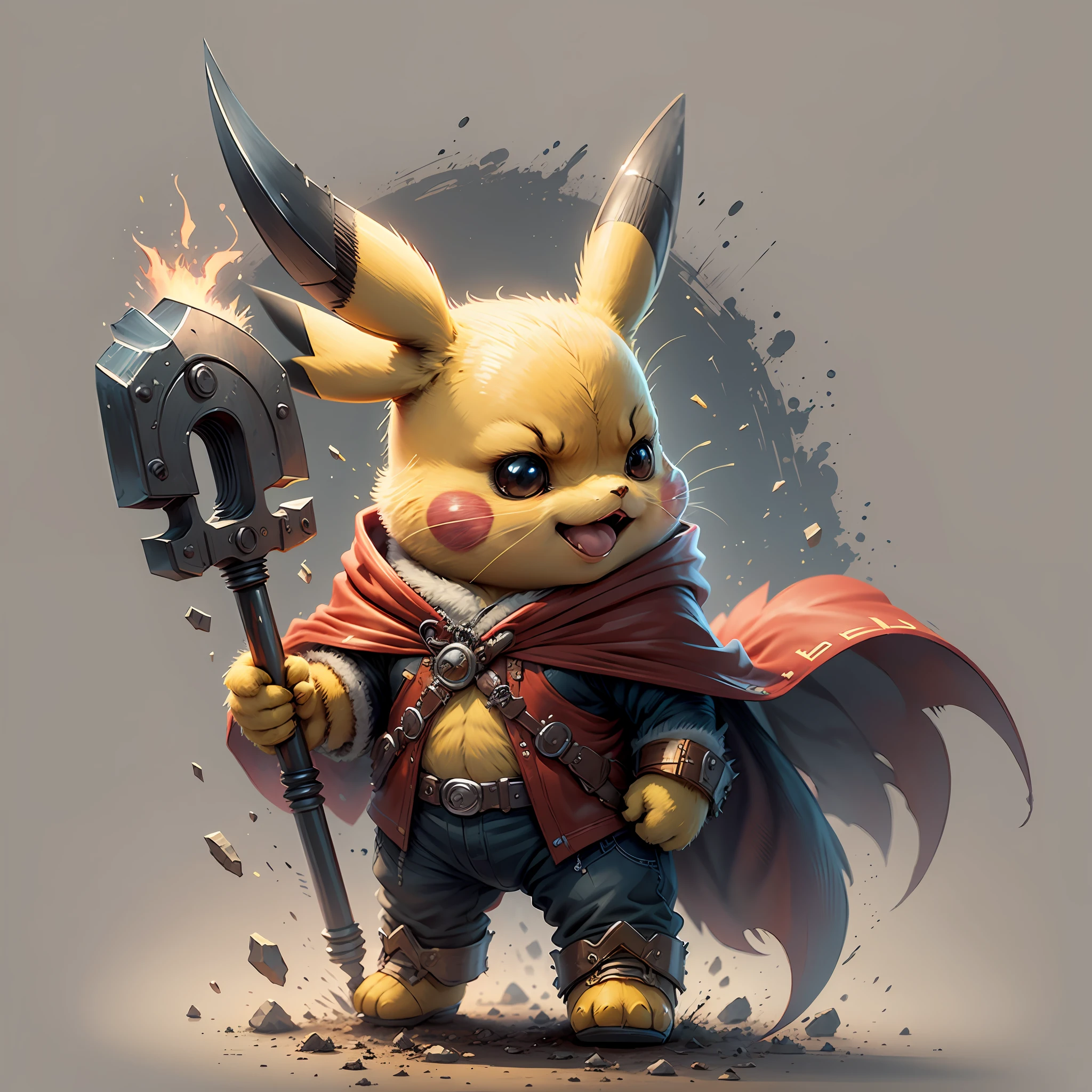 Start with a basic sketch of Pikachu, with a Thor hammer in one hand and wearing a red cape with gold accents.

Add some Thor features such as a helmet with wings and boots with metal details to add a more authentic touch to the character.

To give Pikachu a fluffy touch, overdo the dimensions of his head and ears and add rosy cheeks.

Use vibrant, cheerful colors to bring your drawing to life, with shadows and highlights that create depth and texture.

Add a suitable background to the drawing, such as a scenario that shows Pikachu in action or a simple background that doesn't distract the character's attention.

To finish, add some clean and crisp lines that highlight the characteristics of the character and add a more "cartoon" touch to the drawing. --auto --s2