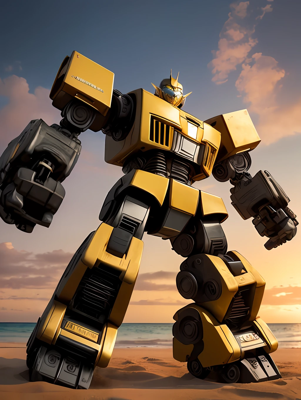 Masterpiece, ultra realistic photo of a gigantic robot truck from The Transformers movie, closeup zoomed in tight crop portrait, running down a (paradisiacal beach scene:1.2), action movie scene, (Lighting-Gold:1.2) foreground objects background details (masterpiece:1.2) (photorealistic:1.2) (bokeh:1.2) (best quality) (color grading) (detailed skin:1.3) (intricate) (8k) (HDR) (cinematic lighting:1.3) (sharp focus), in the style of The Transformers movie, action movie shot