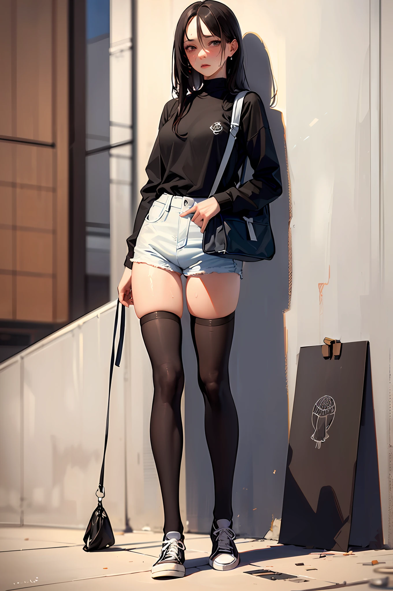 ((masterpiece, best_quality)), (photorealistic:1.4),  solo, 1 girl, white_background, black_hair, long_hair,   zettai_ryouiki, oversized shirt, sketch-bird printing, Chuck Taylor, crotch gap, micro shorts, crotch barely seen, ((full_body)),shiny skin, sweaty skin, nose blush, canvas tote bag