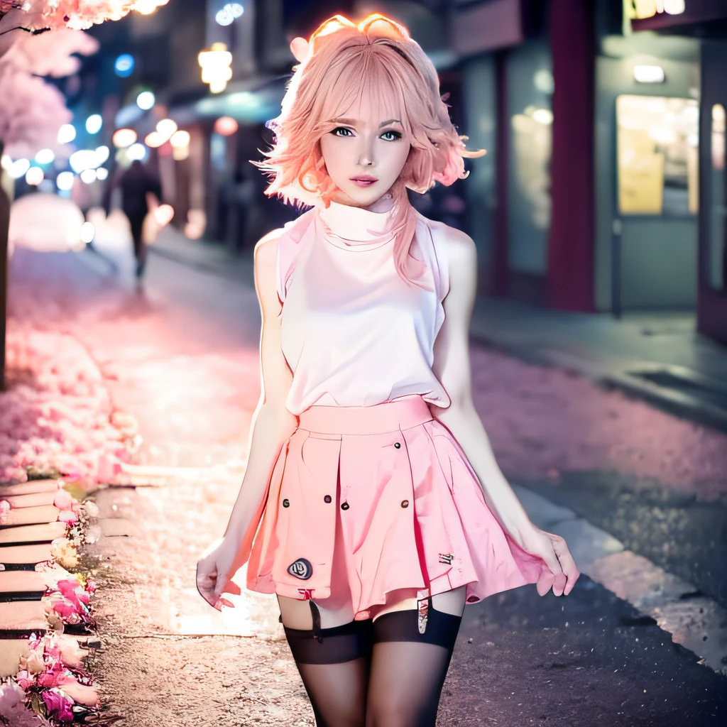 Looking at the viewer, realistic detailed hair, ((arms behind the back), sexy, stockings, large breasts, cherry blossoms, white skirt, 1 girl, sharp focus: 1.2, Beautiful woman with perfect figure: 1.4, Slim abs: 1.2, (((Bob's short hair)), (((Small: 1.4)), ((Beautiful facial idol: 1.3)), ((Sleeveless pink 1.5)), Very detailed skin texture, detailed eyes, double eyelids, ((pause)), (seductive)), pedestrian street, modern urban building, feet apart, skirt, blonde, blue eyes, full body