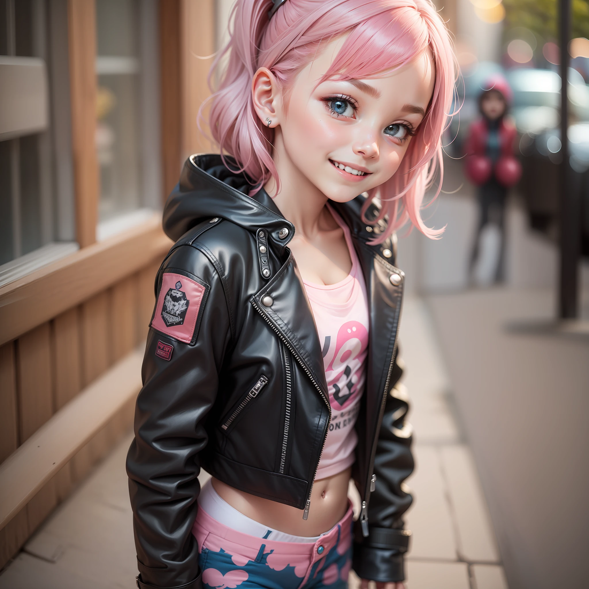 Kids Girl Leather Jacket Pink Hair Smile Best Quality Masterpiece Beautiful Girl