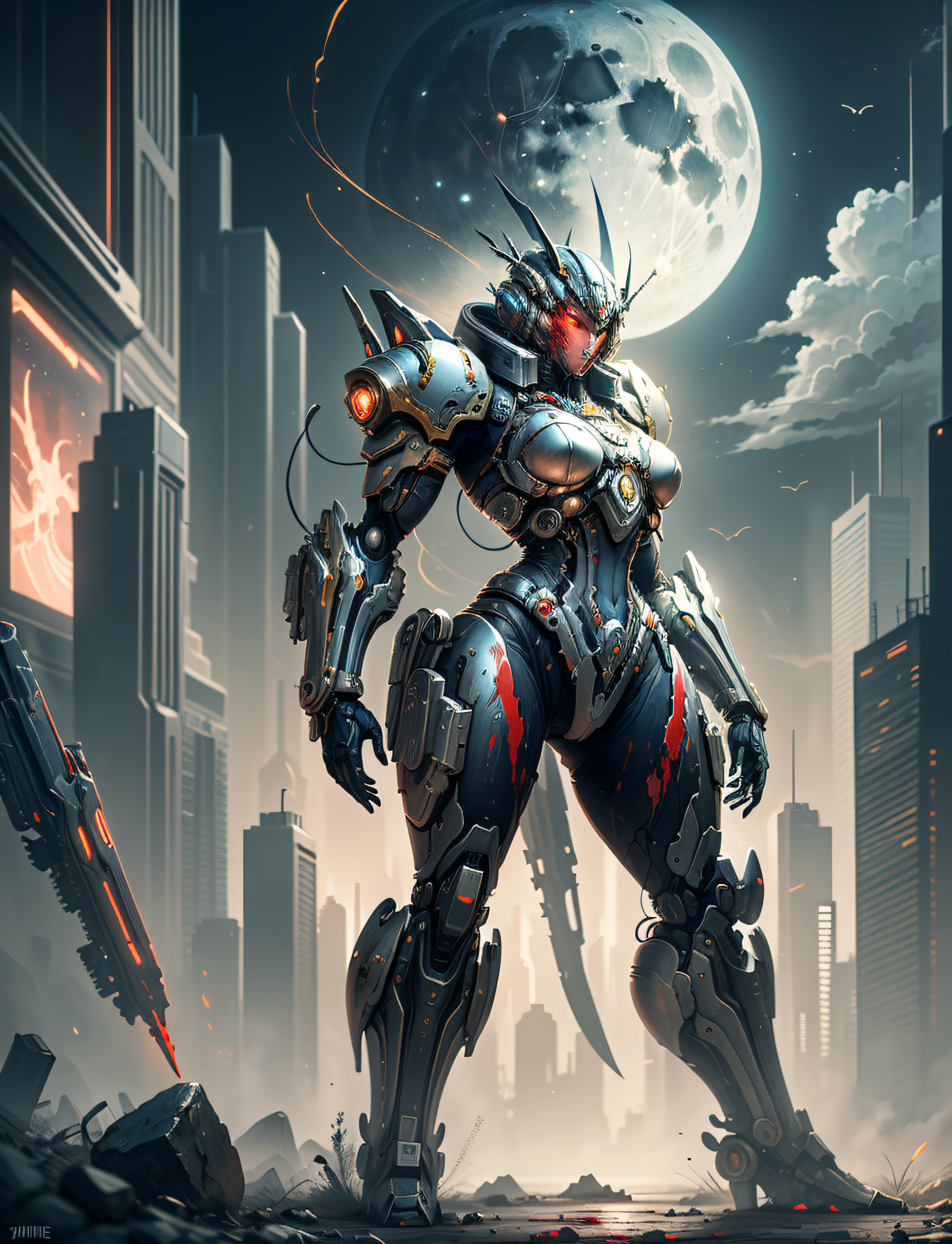 Space Marine, Harhammer 40,000, World at War, Beautiful Cyberpunk Woman with Very Detailed Mecha Treatment, Vibrant Colors, Metallic Red, Bloodstained, With Sky With Clouds And Full Moon, Full Body With Detailed Armor,
