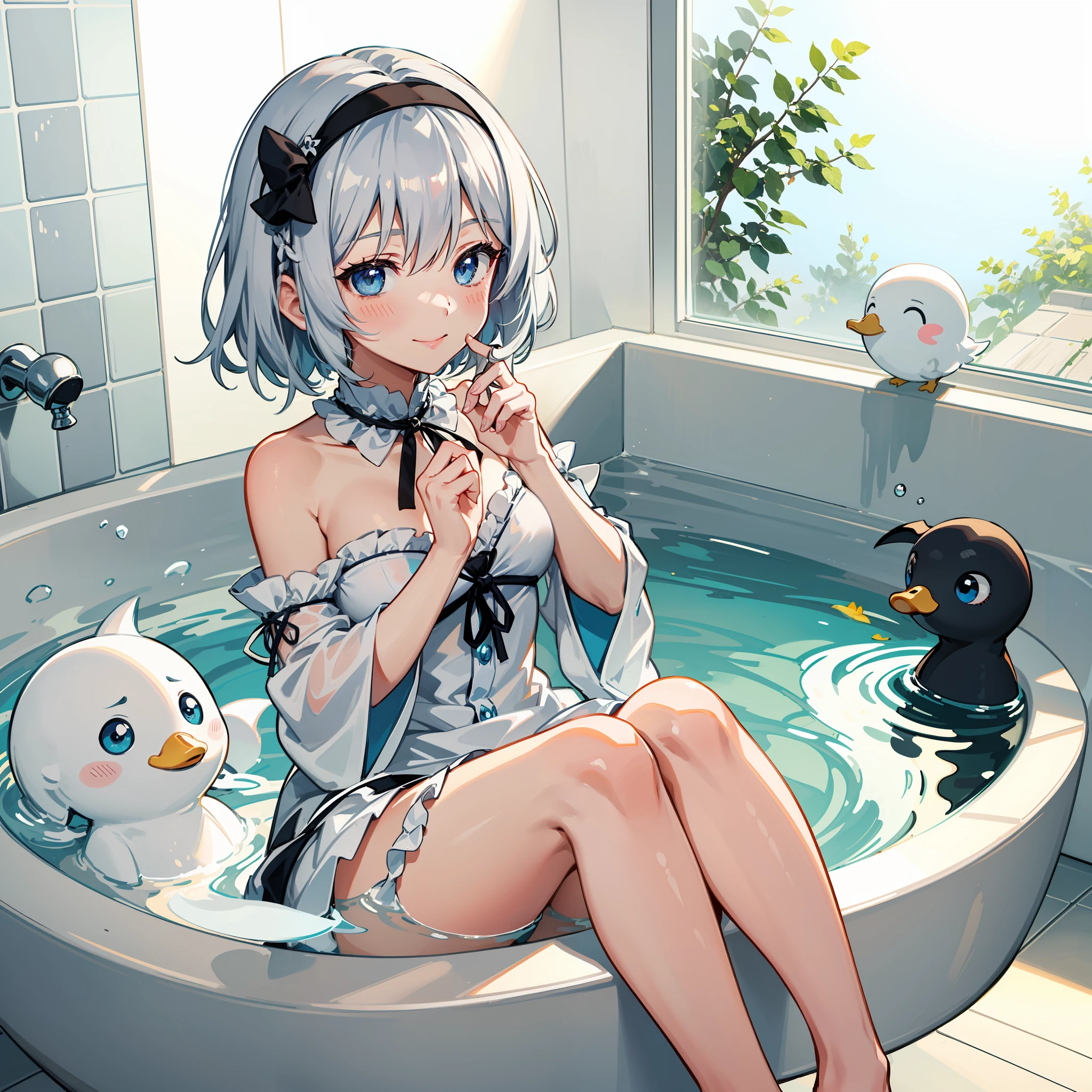 there is a drawing of a girl sitting in the bath with duckies, konpaku youmu, smile, 1girl, saigyouji yuyuko, short hair, konpaku youmu (ghost), hairband, breasts, blue eyes, black hairband, bangs, grey hair, closed mouth, looking at viewer, hands up, bath, solo, bathing, blush