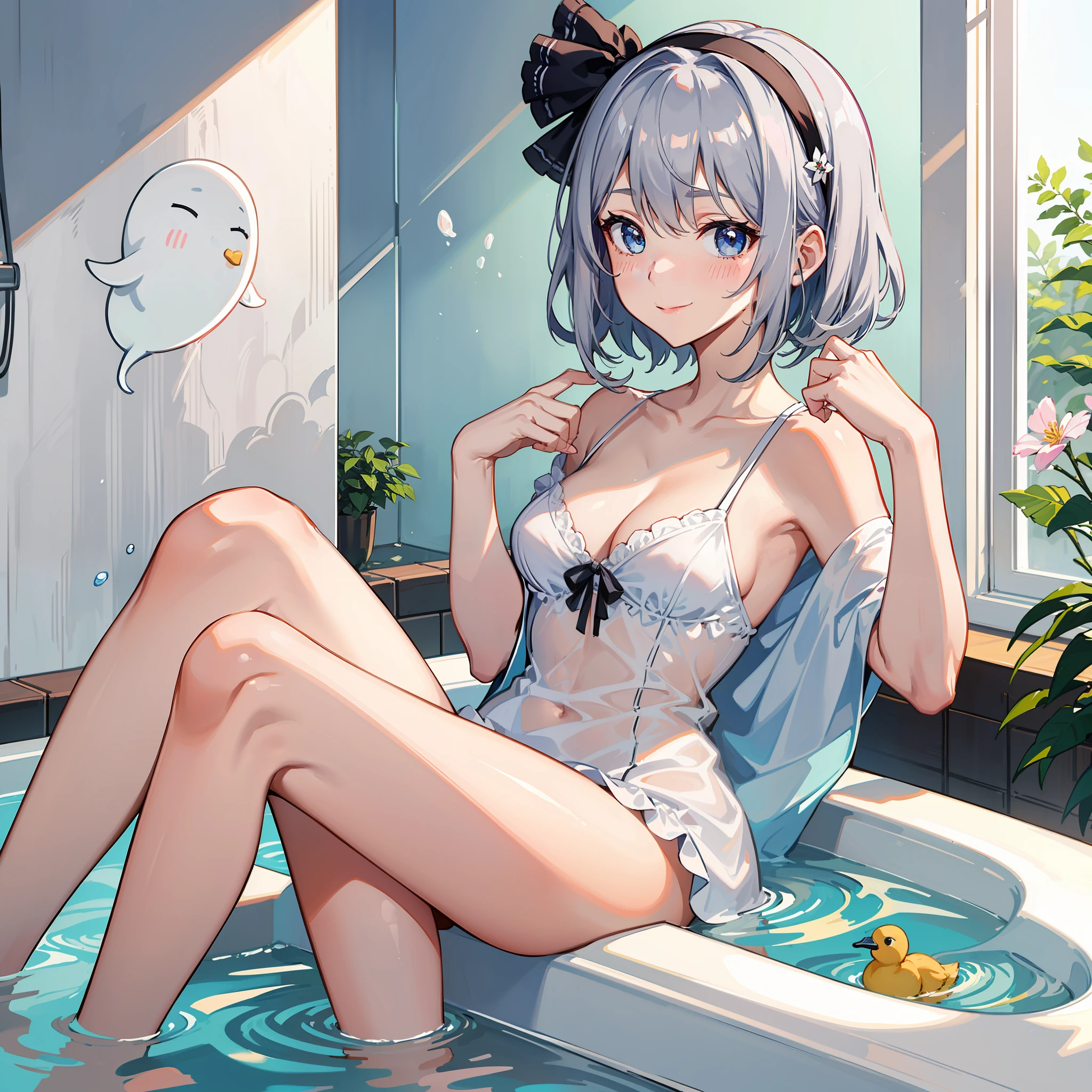 there is a drawing of a girl sitting in the bath with duckies, konpaku youmu, smile, 1girl, saigyouji yuyuko, short hair, konpaku youmu (ghost), hairband, breasts, blue eyes, black hairband, bangs, grey hair, closed mouth, looking at viewer, hands up, bath, solo, bathing, blush