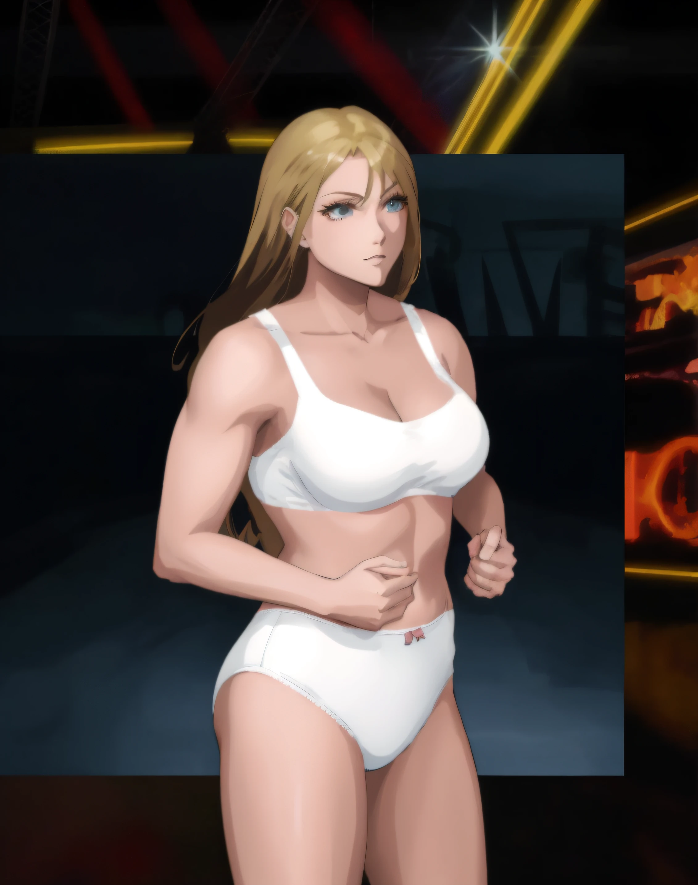 Buff Blonde Caucasian woman in white bra and white cotton high cut panties, anime art style, intricate details