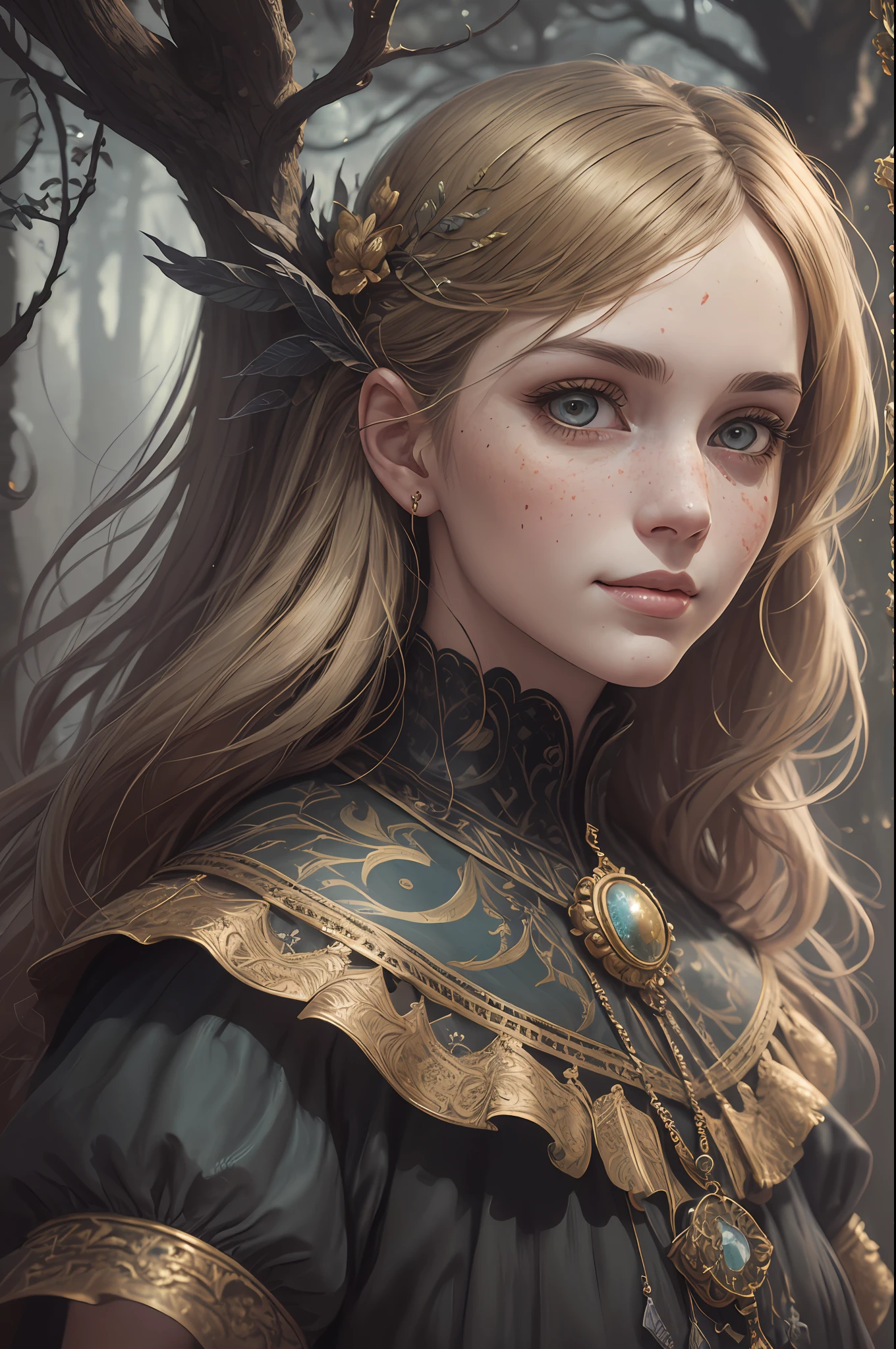 masterpiece, album art, (masterpiece:1.2), surrealism, old painting style, portrait shot, mini\(ttp\), contrast, otherworldly charm, golden light, (extremely detailed CG:1.2), moonlit fantastical forest, (low key), Studio Ghibli, house, (absurdres), Style-NebMagic, hyper detailed photo, complex stuff around, Bloodborne, freckles, very realistic, smirk, 1girl, low saturation, nose, (extremely detailed CG unity 8k wallpaper), {best quality}, intricate texture, (Alessandro Casagrande), (muted colours:1.2), 3D Digital Paintings, form-fitting,