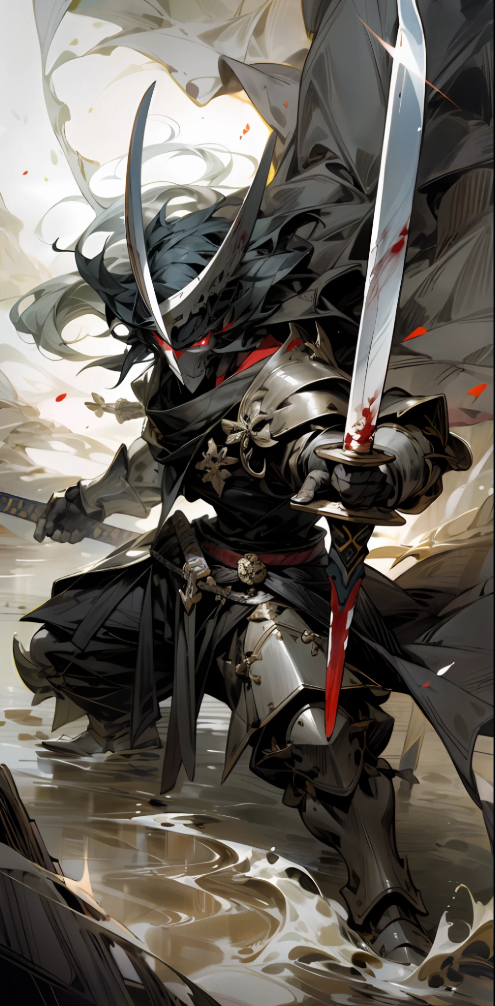 Super detailed, high resolution, very detailed, best quality, illustrations, red eyes, war, sword in both hands, rivers of blood, armor, mask, furious state, divine stance, burst