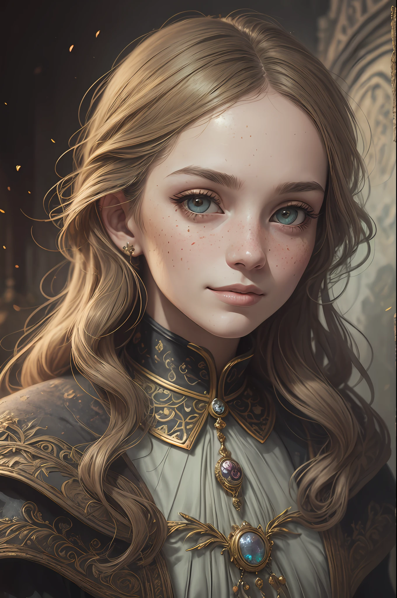 masterpiece, album art, (masterpiece:1.2), surrealism, old painting style, portrait shot, mini\(ttp\), contrast, otherworldly charm, golden light, (extremely detailed CG:1.2), moonlit fantastical forest, (low key), Studio Ghibli, house, (absurdres), Style-NebMagic, hyper detailed photo, complex stuff around, Bloodborne, freckles, very realistic, smirk, 1girl, low saturation, nose, (extremely detailed CG unity 8k wallpaper), {best quality}, intricate texture, (Alessandro Casagrande), (muted colours:1.2), 3D Digital Paintings, form-fitting,