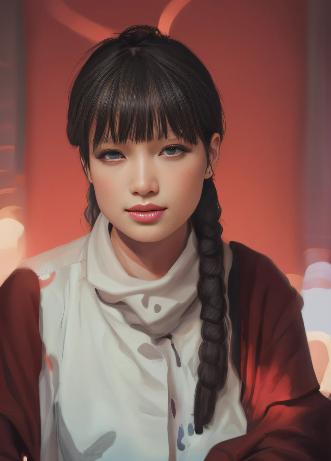 juvenile, red scarf, looking at camera, lots of details, detailed drawing, illustration, CG, milky skin, soft and supple skin, realism, middle between painting and realism, high quality, hd, 4k, blender rendering, octane rendering, reality, illustration, painting, CG, digital art, beautiful face, perfect face, fair skin, symmetrical face, proportional body,,