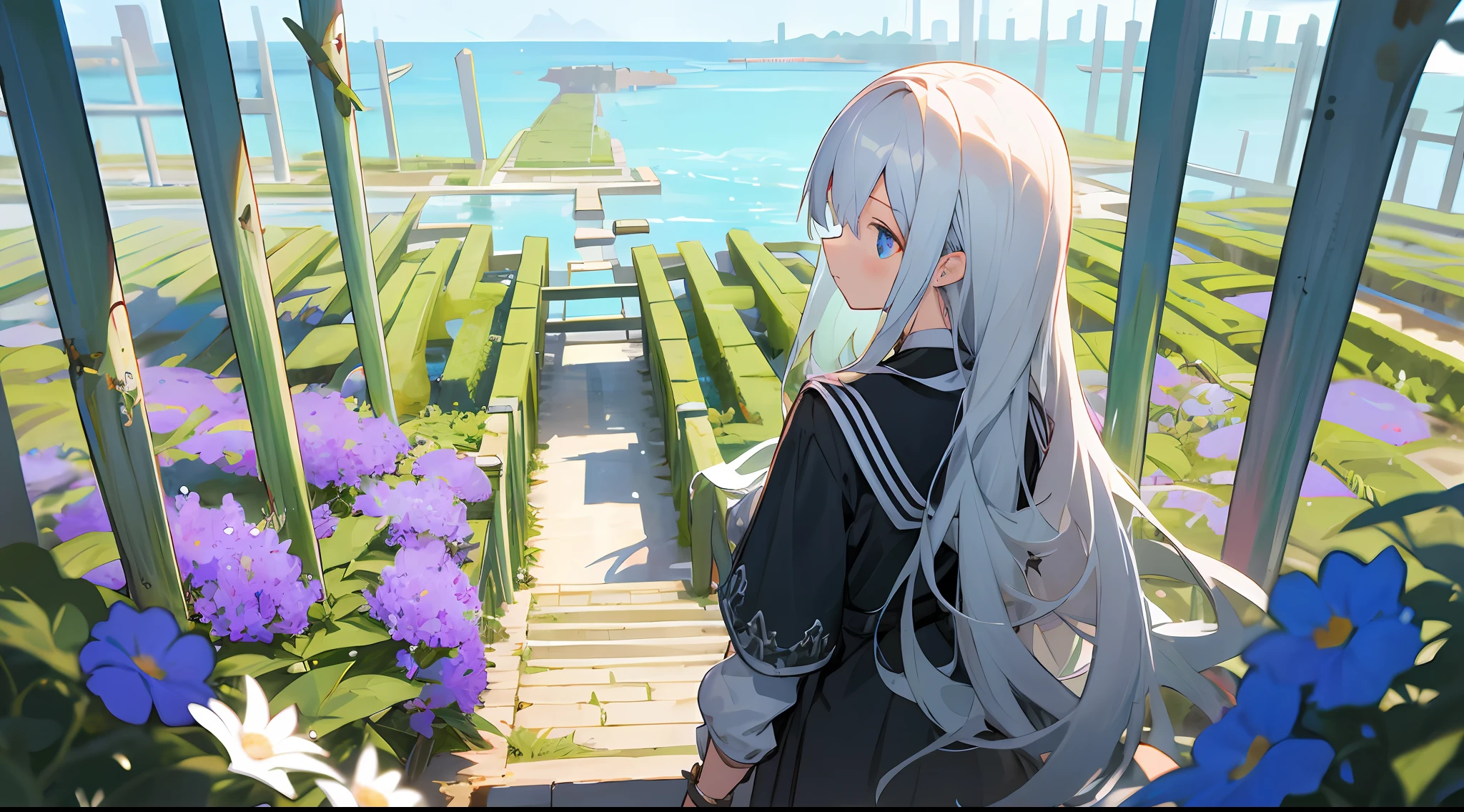 Upper body, far view, a maiden, beautiful detail eyes, determined eyes, turned, walked towards the exit of the maze, back, exit outside the sea of flowers