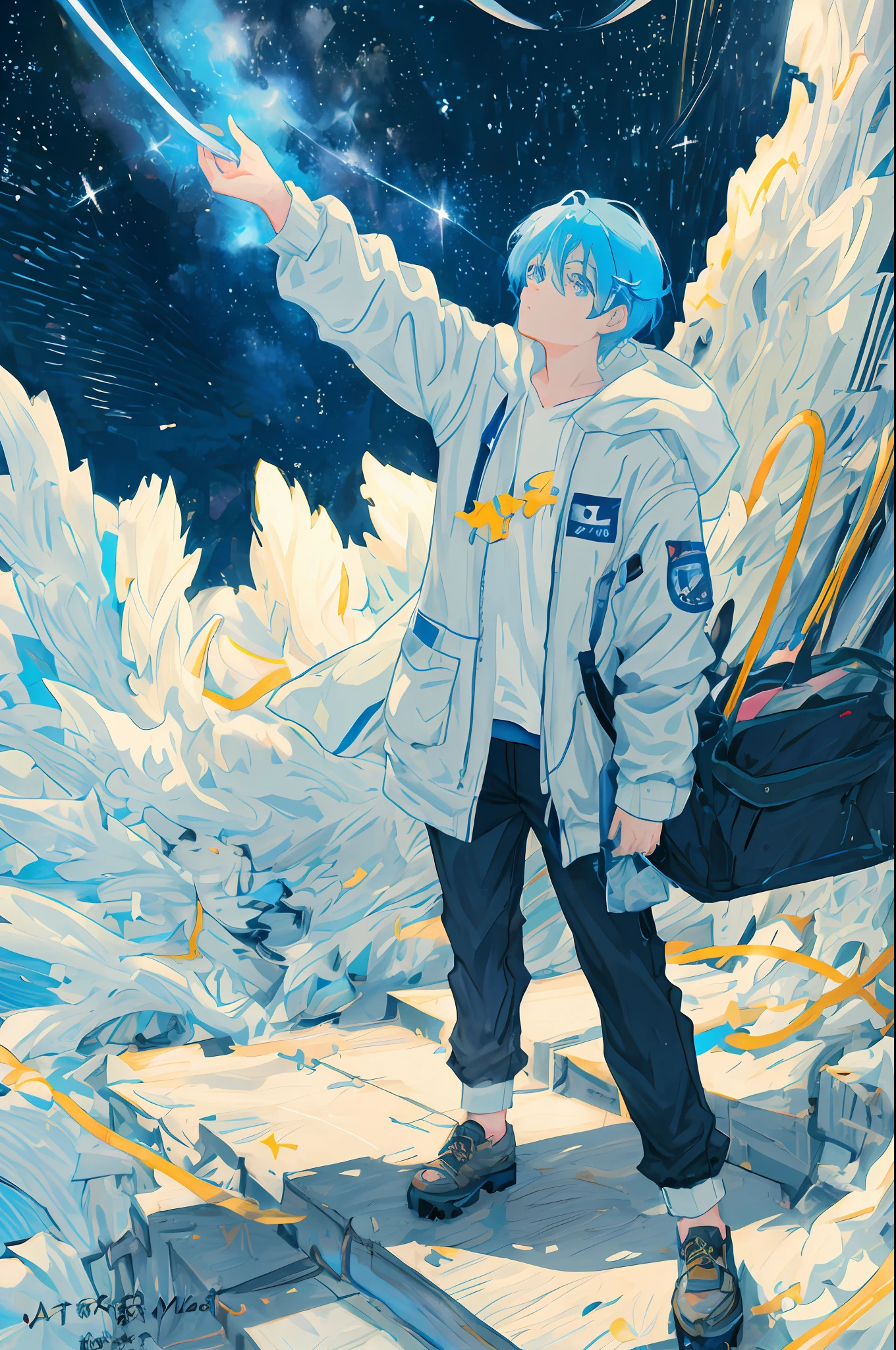 anime boy with blue hair and a white jacket standing on a platform, anime art wallpaper 8 k, anime art wallpaper 4 k, anime art wallpaper 4k, anime style 4 k, 4 k manga wallpaper, 4k anime wallpaper, anime wallpaper 4 k, anime wallpaper 4k, high quality anime artstyle, best anime 4k konachan wallpaper