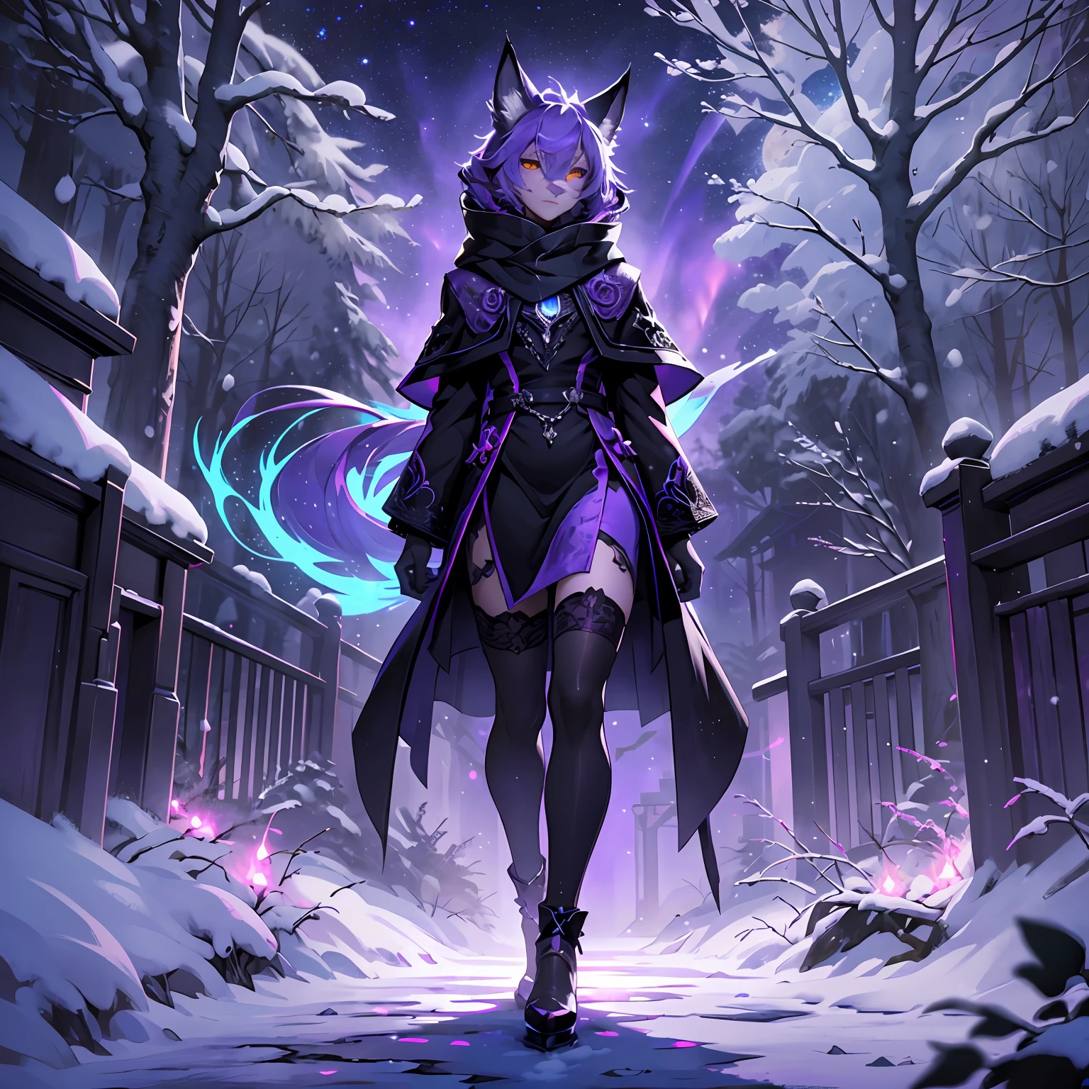 A 20-year-old woman, slim (172cm), white and gray hair, purple rabbit ears, medieval ghotic black dress and sexy tights, with a purple flaming sword, sweeps the way in the dark winter pine forest, medieval fantasy theme, realistic and pixel minecraft. full moon sky --auto