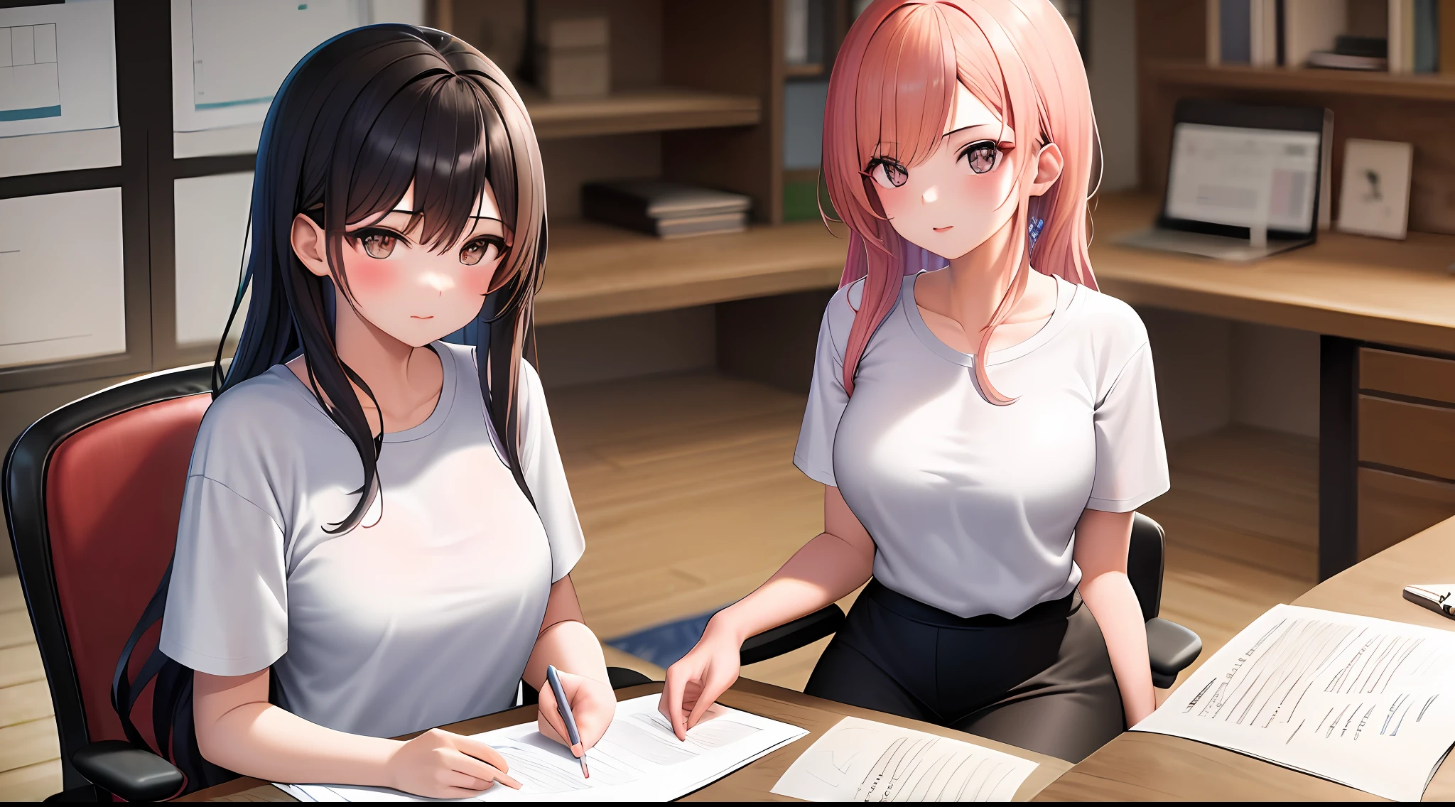 masterpiece, best quality, high resolution, one girl, loose t-shirt, girl sitting on chair and studying drafting at desk ,, studying seriously, studying hard, drafting, beauty, cute, Japan healing super idol, paperwork, architect, fashionable hairstyle