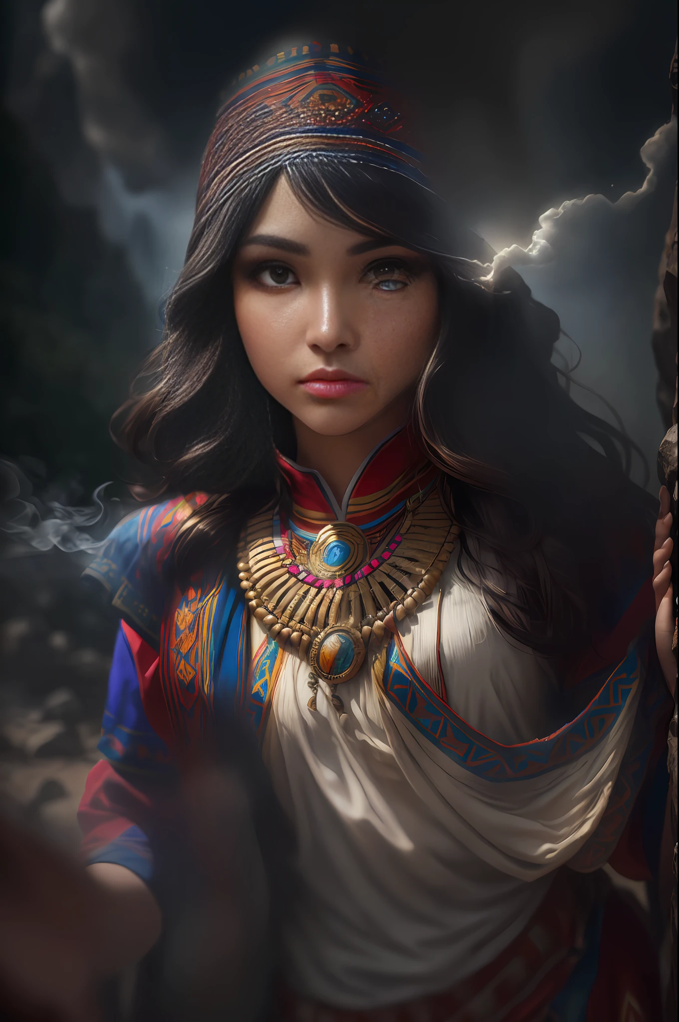 ((realistic: 1.5)),((best quality)), ((brown eyes)), ((masterpiece)),((detailed)), (1girl: 1.3), solo, (((extremely detailed face))),(((extremely detailed eyes and face))), Inca skin, Inca face, beautiful detailed eyes, 8k unified wallpaper, super detailed, beautiful and aesthetic, beautiful, masterpiece, best quality, raw, masterpiece, super fine photo, best quality, super high resolution, photorealistic realism, sunlight, full body portrait, amazing beauty, dynamic pose, delicate face, vibrant eyes, (from the front), (1 Inca woman in Inca costume long skirt with colors red blue white and pink not green, {a beautiful Inca woman dressed in traditional Inca dress typical costume of the woman of Cuzco Peru, super wide angle lens, facial focus, mature, sexy, toned muscles, long legs, curves, barefoot, full Inca costume, thick thighs, wide hips, thin legs, dark eyes, perfect eyes, long black hair, floating hair, long eyelashes, (detailed face, beautiful eye, detailed pupils, detailed features of Inca clothing, light background: 1.3), mysterious ancient Inca ruin, lush forests, deep canyons, bridge, river, cliff, cloud, lakes, rock, waterfalls, flowers, grass, fog, vine, tree, smoke, best shade, bright details, sharp, perfect composition, intricate, sharp focus, dramatic, (specular lighting: 1.3), edge light, inca landscape, fully dressed,