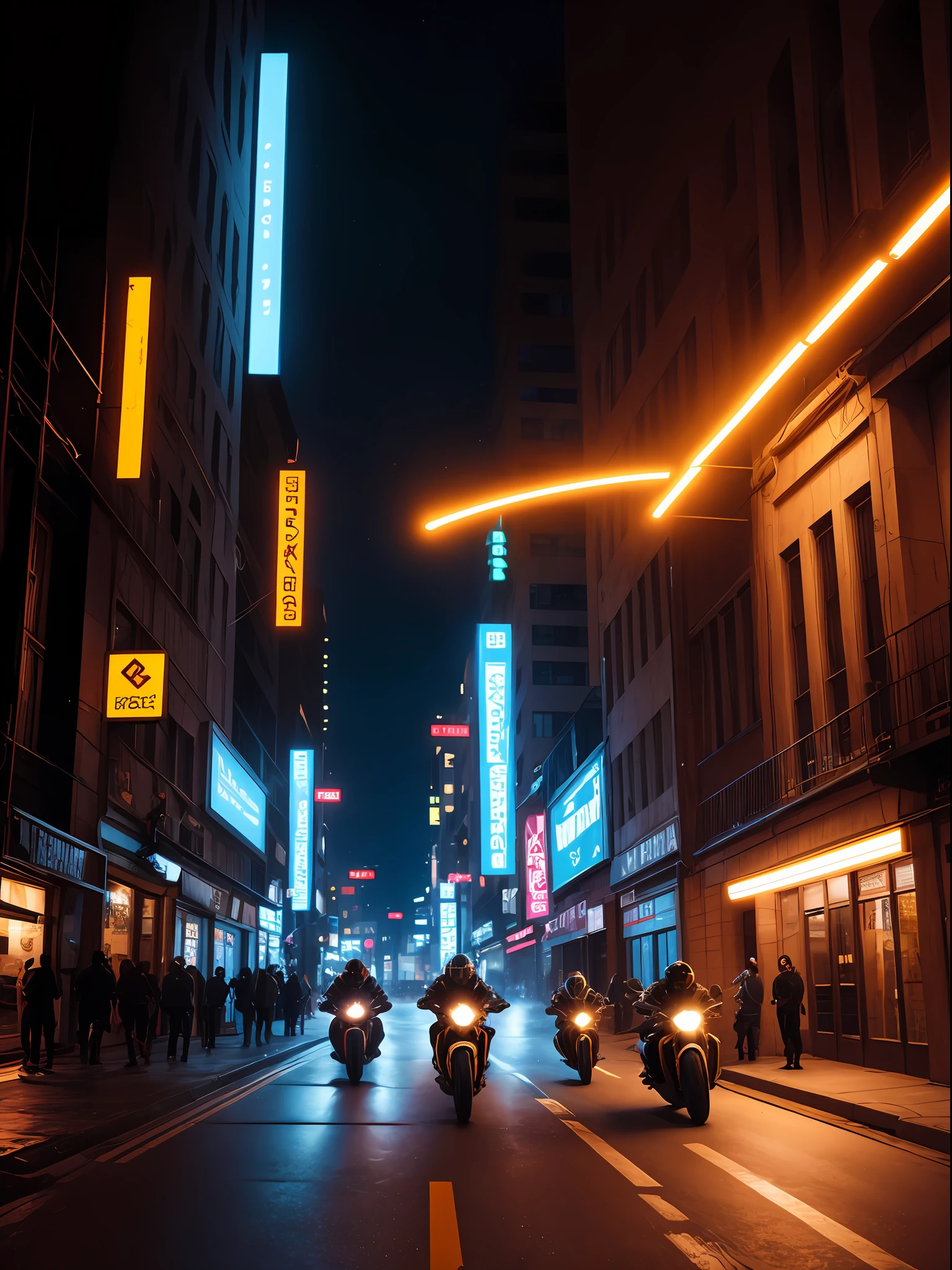Masterpiece, a race of speeder bikes on a winding road and suspended between giant buildings, with riders wearing advanced technological armor and futuristic helmets. The light trails left by the bikes give a touch of speed and movement to the scene, night, cyberpunk aesthetics, action movie shot by Kon Satoshi, very detailed lighting, dramatic, trend digital art in Artstation 8k HD detailed high definition realistic, detailed, skin texture, hyper detailed, realistic skin texture, armor, best quality, ultra high res, (photorealistic: 1.4), high resolution, detailed, Raw photo, Sharp Re, by Lee Jeffries Nikon D850 Film Stock Photography 4 Kodak Portra 400 Camera F1.6 Lens Rich Colors Hyper Realistic Realistic texture Dramatic lighting UnrealEngine trend in ArtStation Cinestill 800
