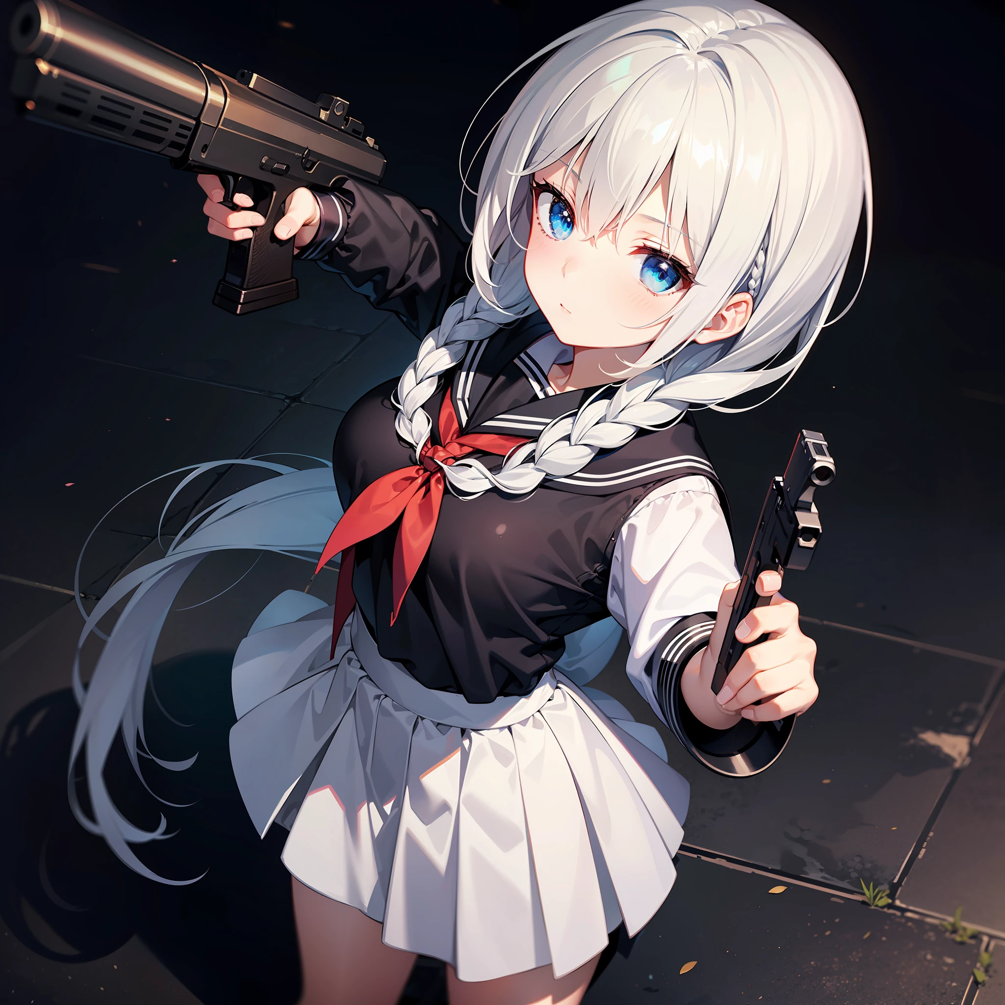 Masterpiece, Best Quality, Masterpiece, Best Quality, Official Art, Extremely Detailed CG Unity 8k Wallpaper, traditional_media, Girl, Single Braid, Black Headband, Long Hair, White Hair, Blue Eyes, Medium Tits, Black Serafuku, Expressionless, School, Short Braid, From Above, Standing, Hold a Gun, Point a Gun at the Camera, Point the gun upwards