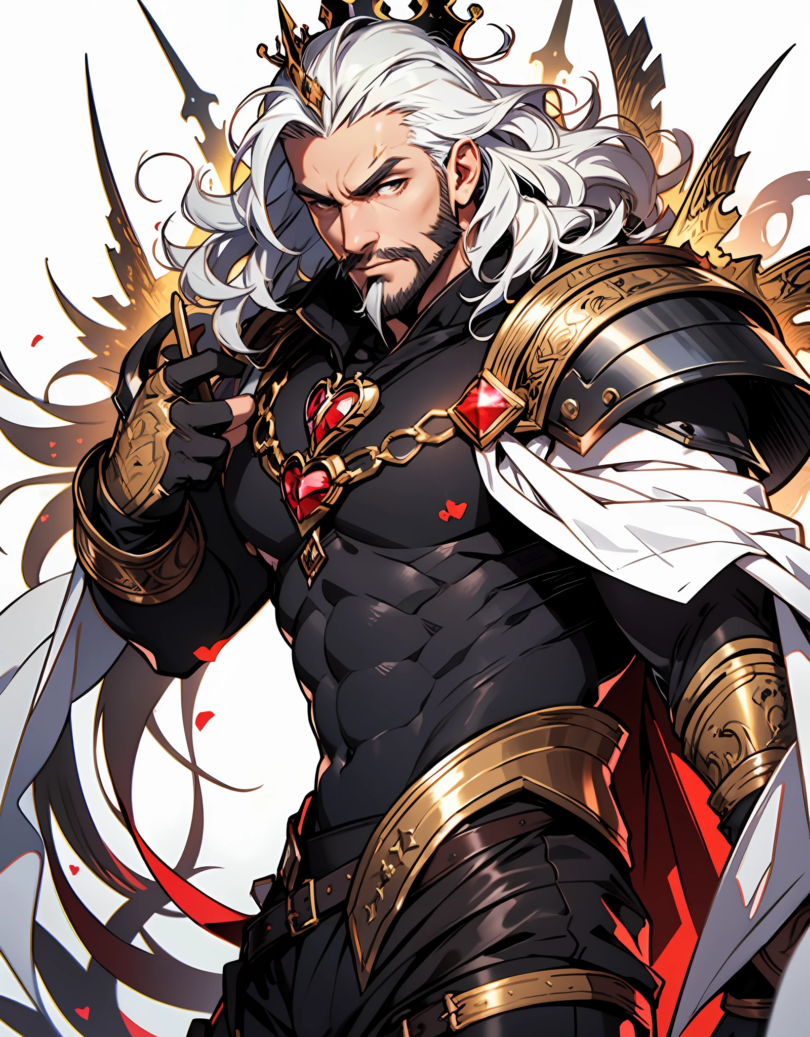 full-length, a ruggedly handsome king in a revealing royal outfit, nice and perfect face, serious expression, golden crown, curly hair, black beard, (holding a heart-shaped red crystal:1.2), skin texture, highly detailed, anime style, 2d illustration, done in corel painter X, vibrant colors, composite lighting, professional shading, (white background:1.5), (blank background:1.5), masculine shapes, manly, dynamic angle, sharp and crisp image, high quality textures, natural proportions
