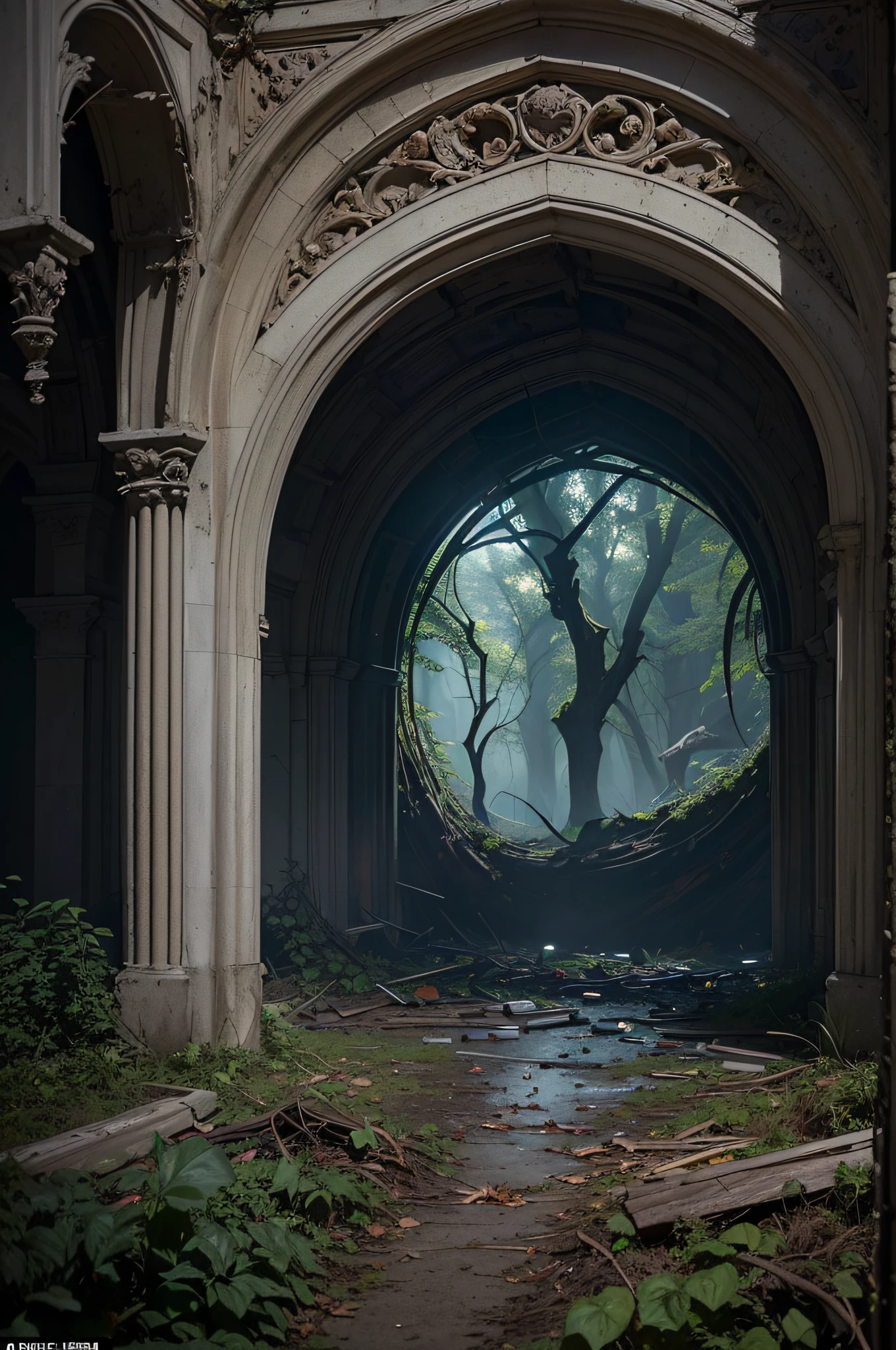 ((photo)), ((best quality)), ((masterpiece)), ((detailed)), ((cinematic), ((captured from eye level)), a dark gothic and creepy professional photo backdrop with lots of ornate stonework and a large room filled with debris and dead and rotten foliage, a magical glowing, particle swirling, portal open to an alternate dimension showing a bright and beautiful world beyond the opening is prominent.