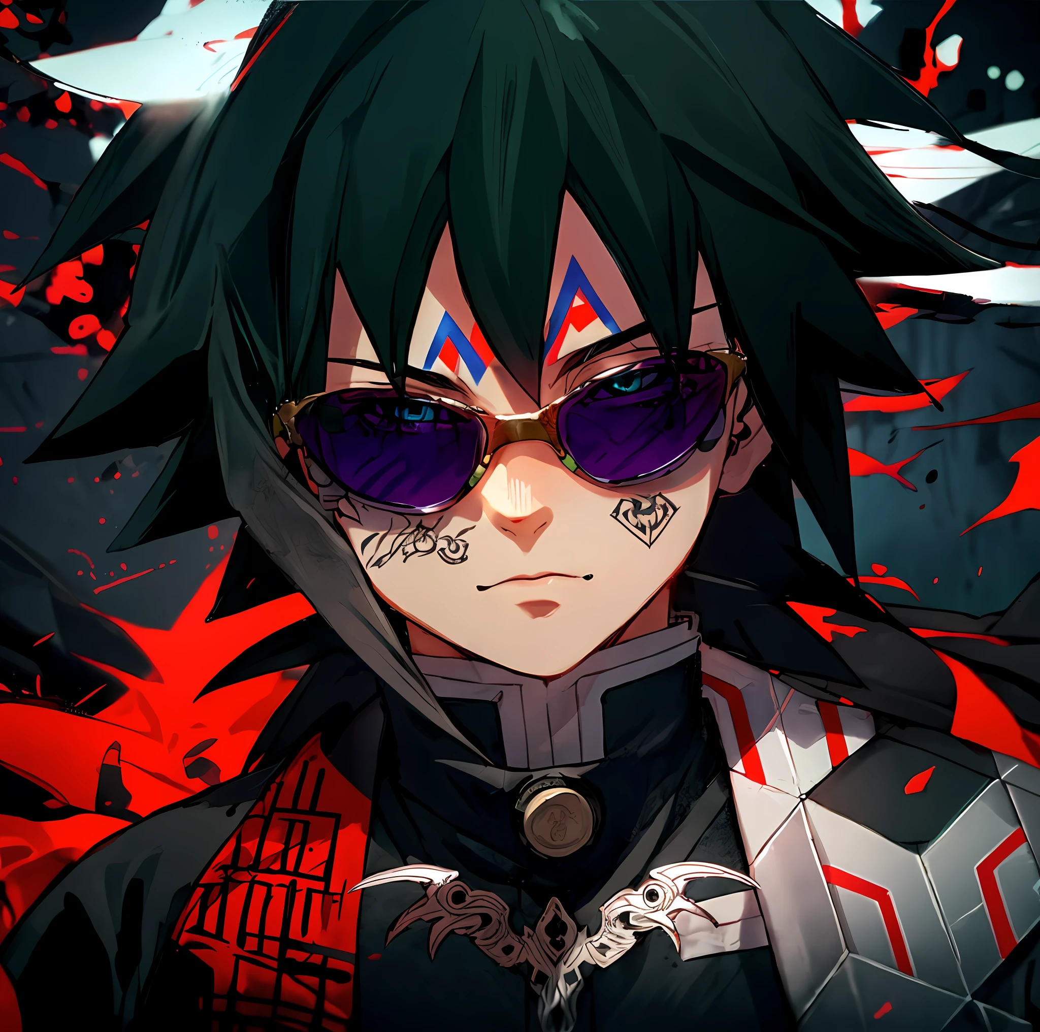 a tattooed male anime character with sunglasses wearing a jacket, Giyu Tomioka of Demon Slayer.