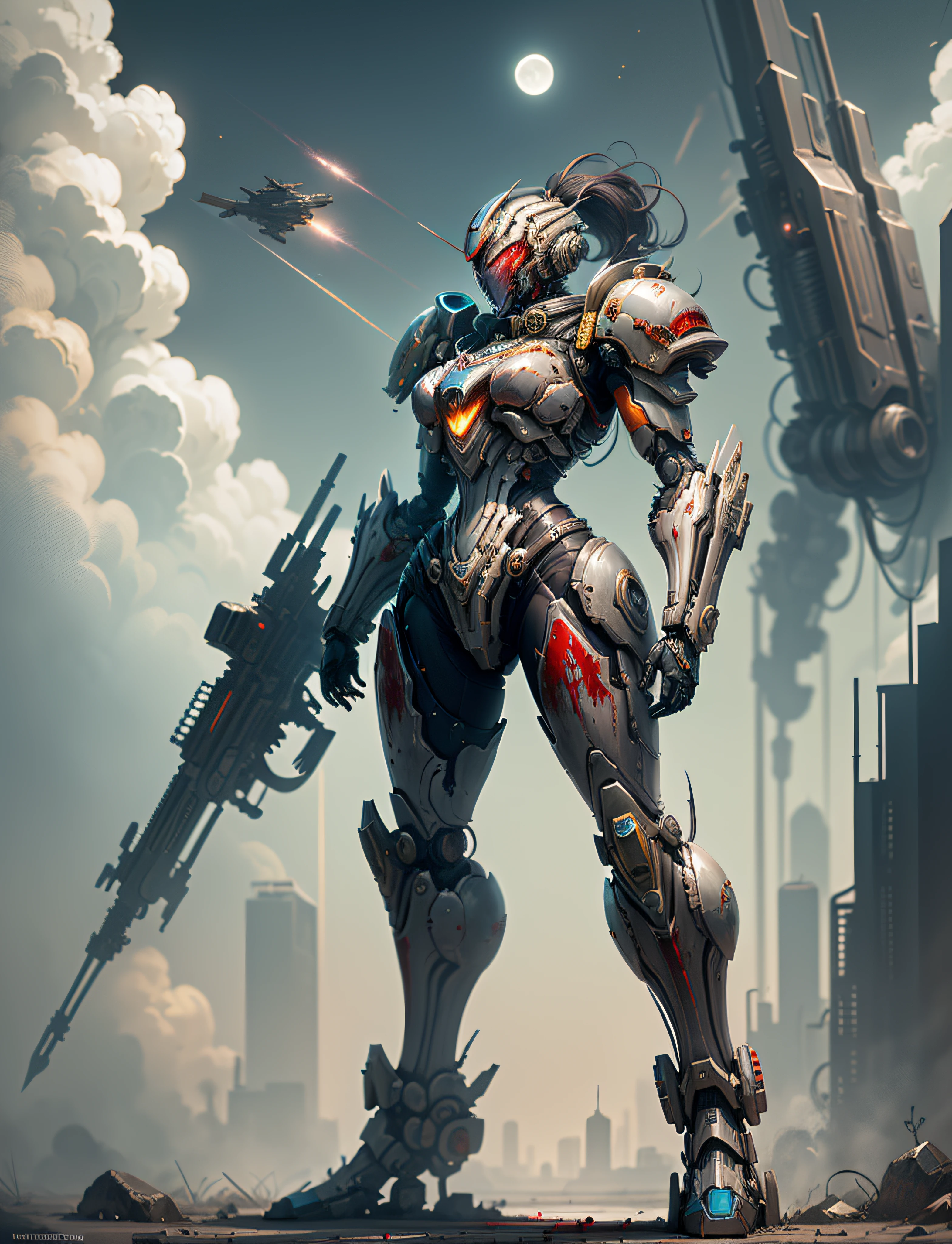 Space Marine, Harhammer 40,000, World at War, Beautiful Cyberpunk Woman with Very Detailed Mecha Treatment, Vibrant Colors, Metallic Red, Bloodstained, With Sky With Clouds And Full Moon, Full Body With Detailed Armor,